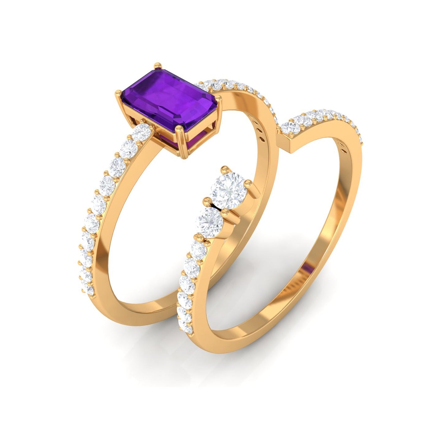 Natural 1.4 Carat Emerald Cut Amethyst Diamond Wedding Bridal Ring Set