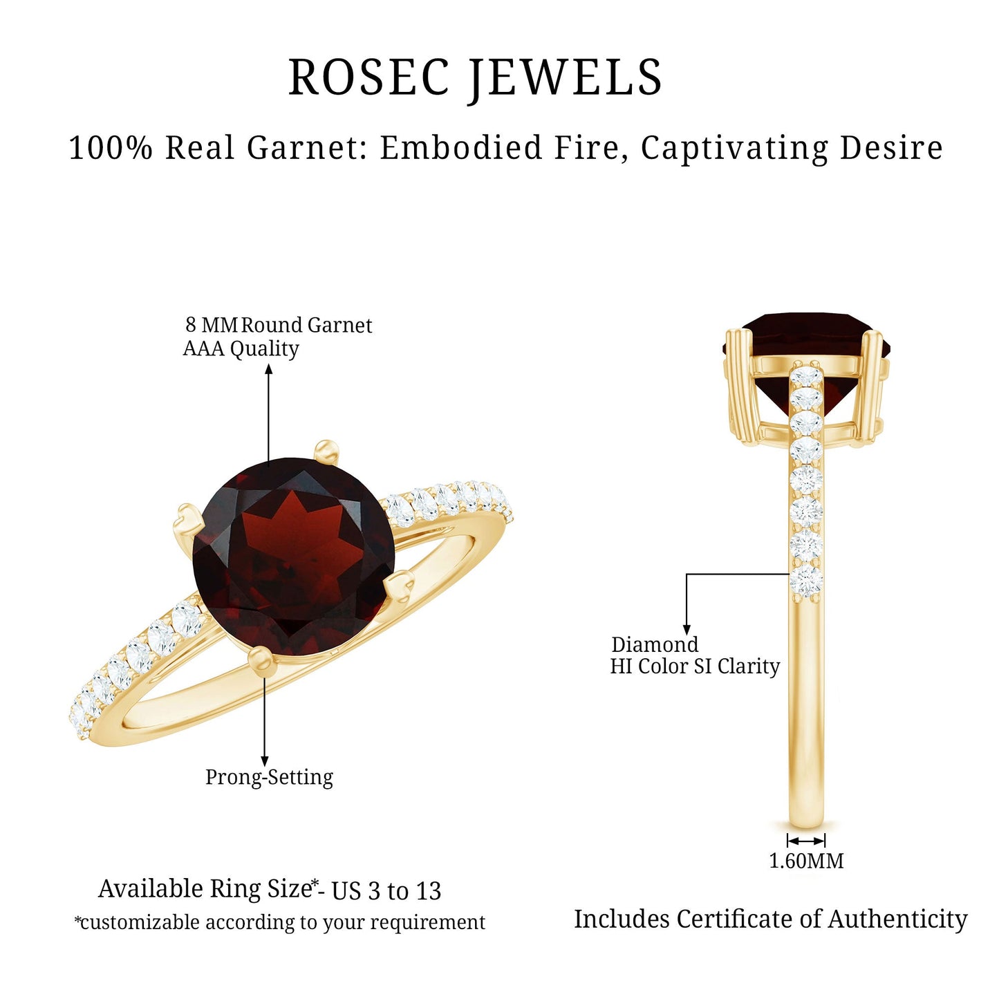 Certified Natural 2.3 Carat Garnet Big Engagement Ring with Diamond
