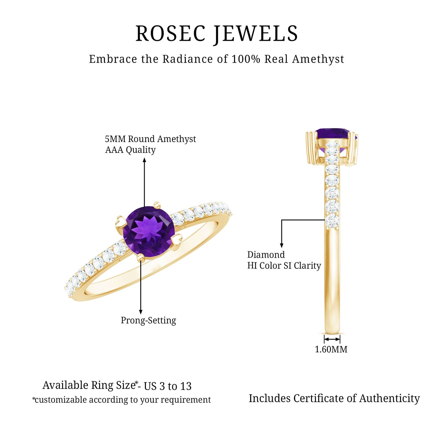 Genuine Amethyst Promise Ring with Diamond for Women