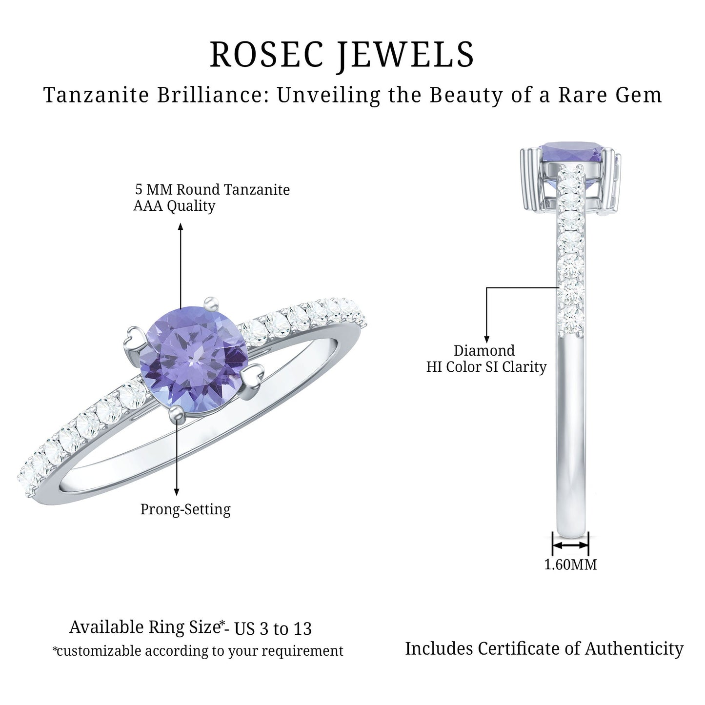 Certified Real Tanzanite Promise Ring with Diamond