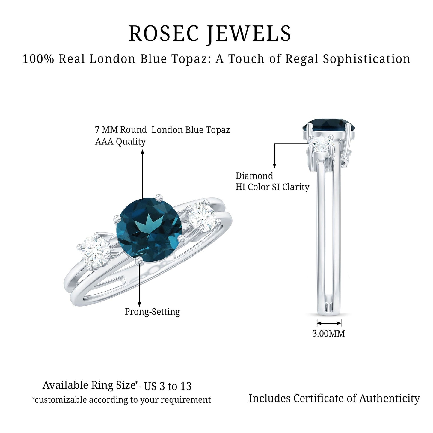 1.3 Carat Round London Blue Topaz Double Band Engagement Ring with Diamond