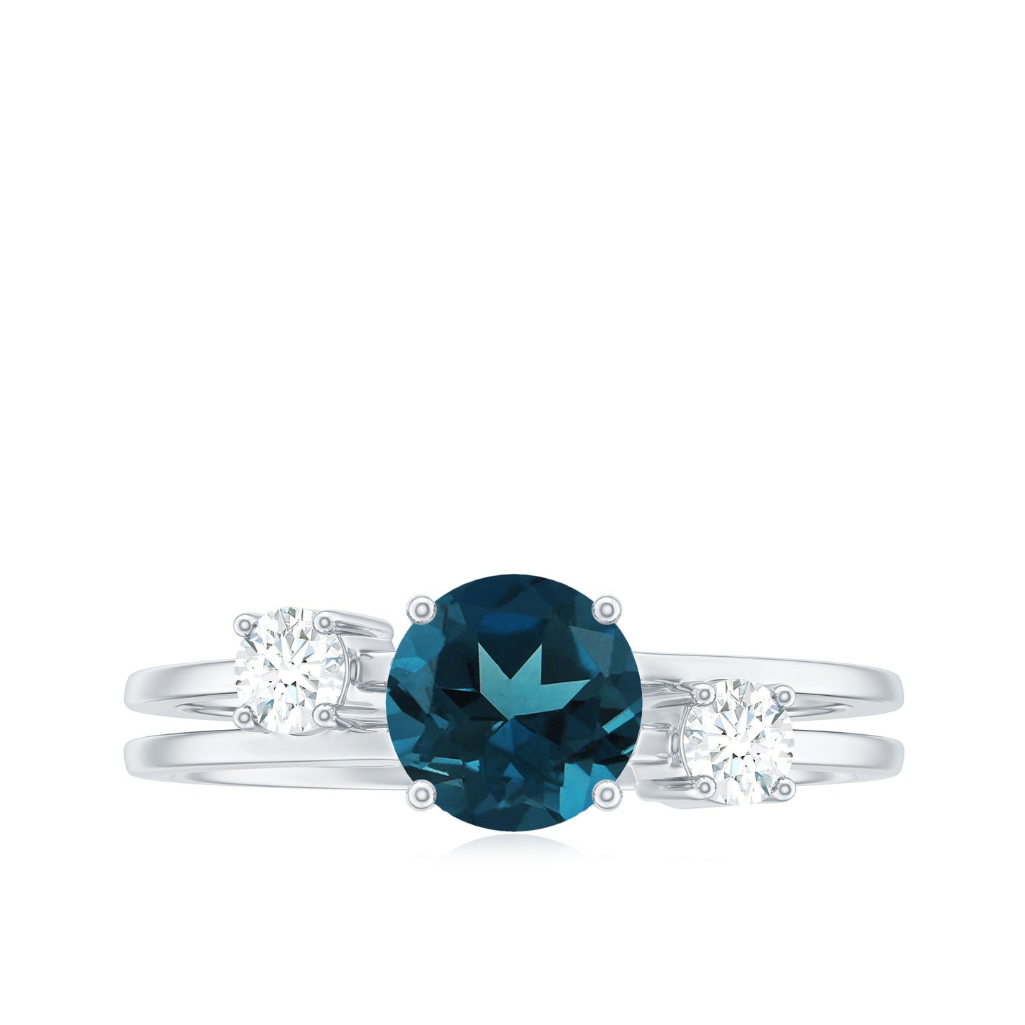 1.3 Carat Round London Blue Topaz Double Band Engagement Ring with Diamond