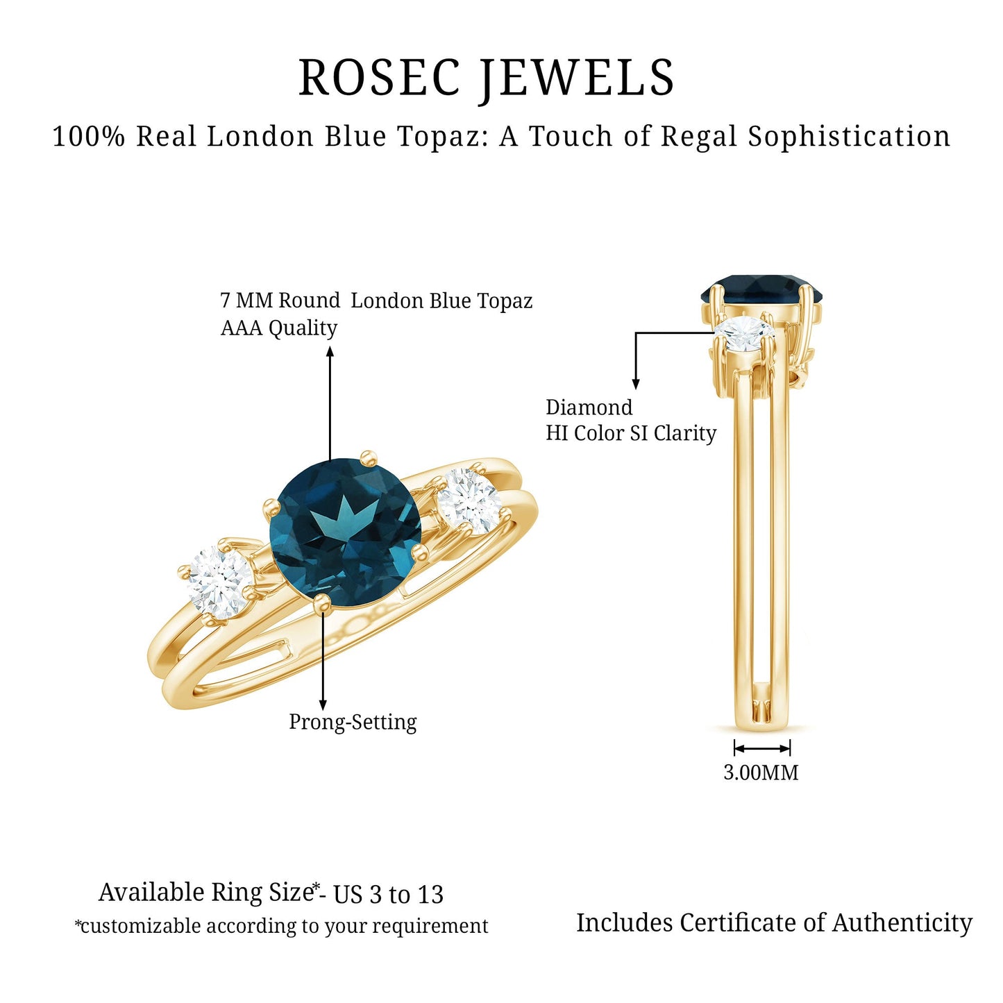 1.3 Carat Round London Blue Topaz Double Band Engagement Ring with Diamond