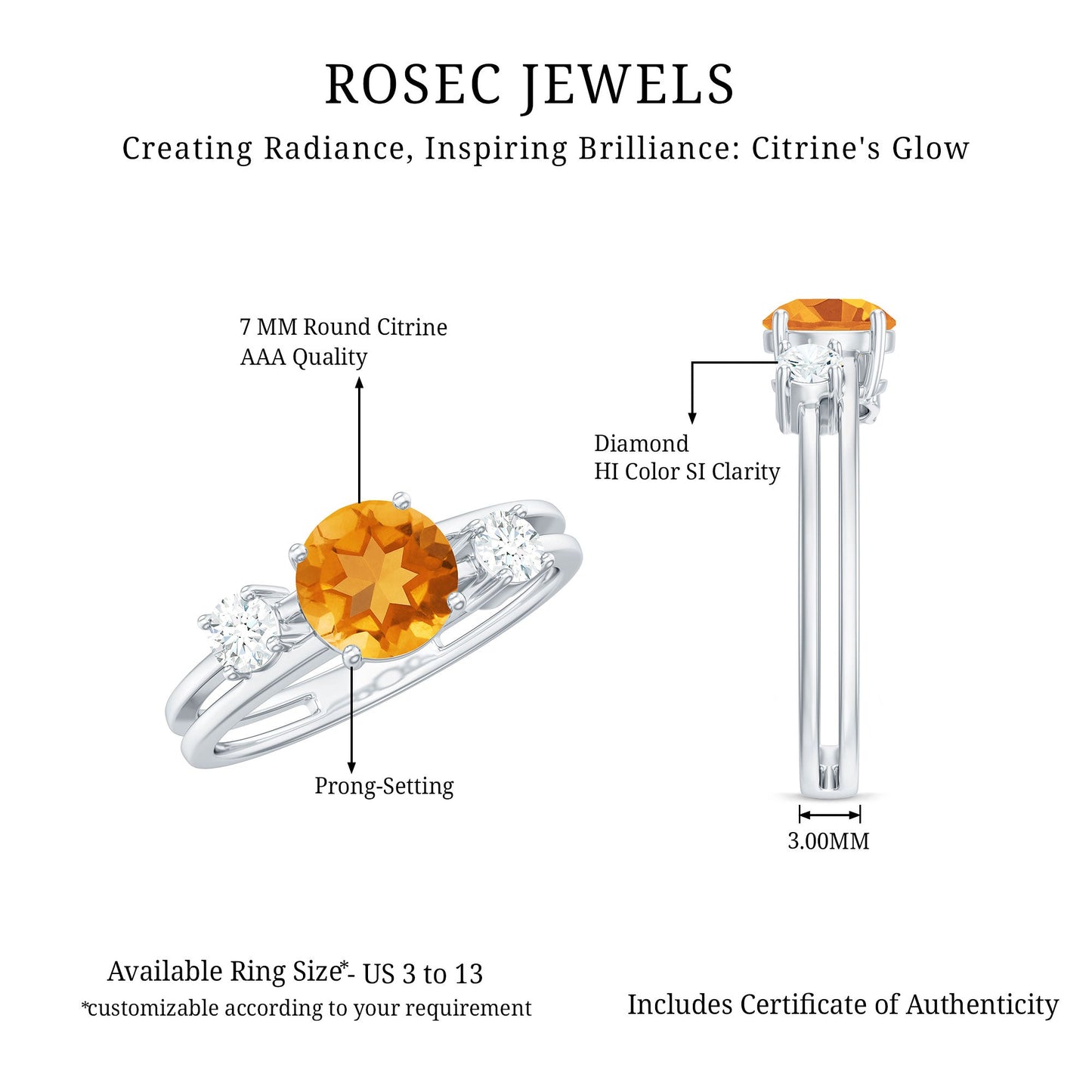 Real Citrine Diamond Double Band Engagement Ring