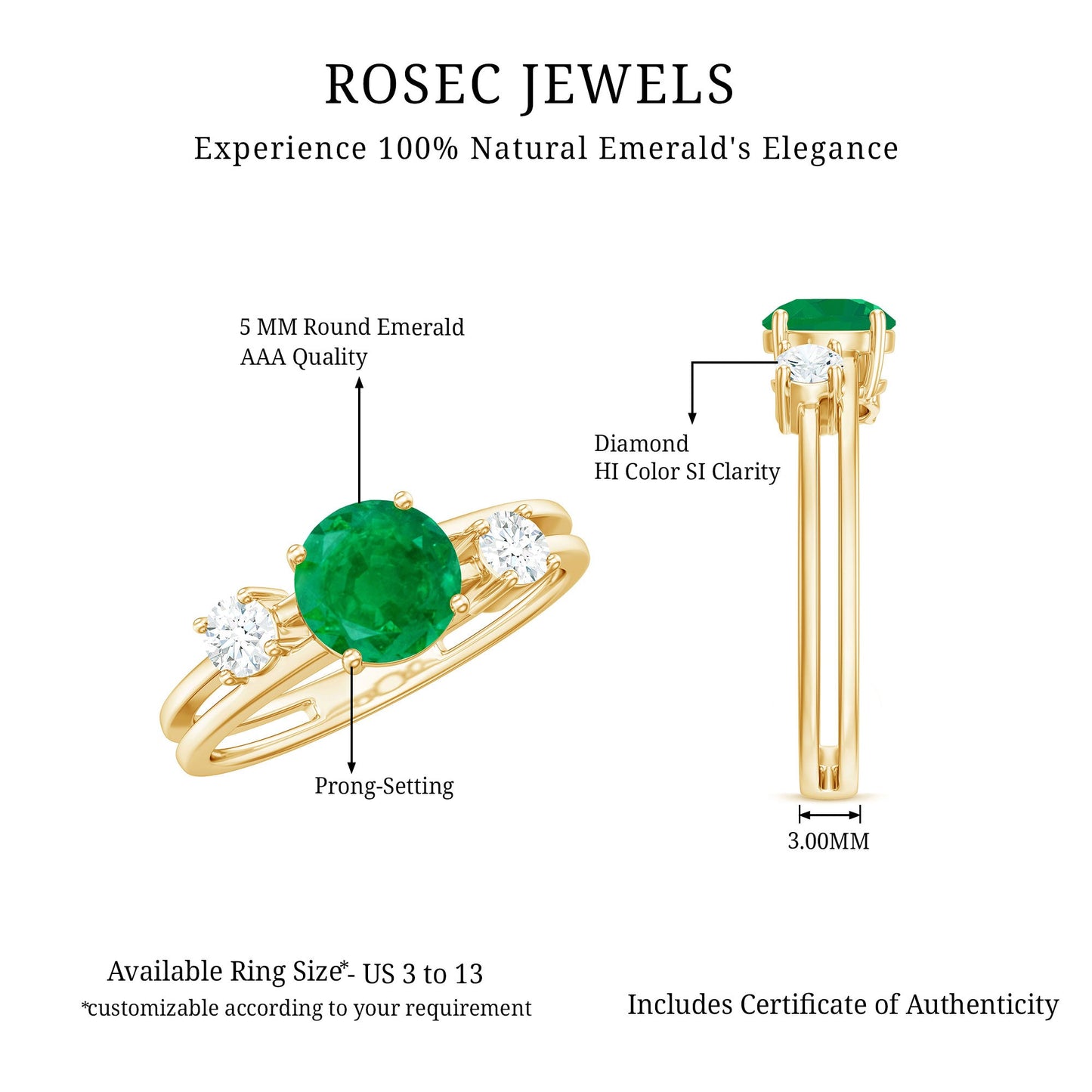Natural Emerald Diamond Three Stone Engagement Ring