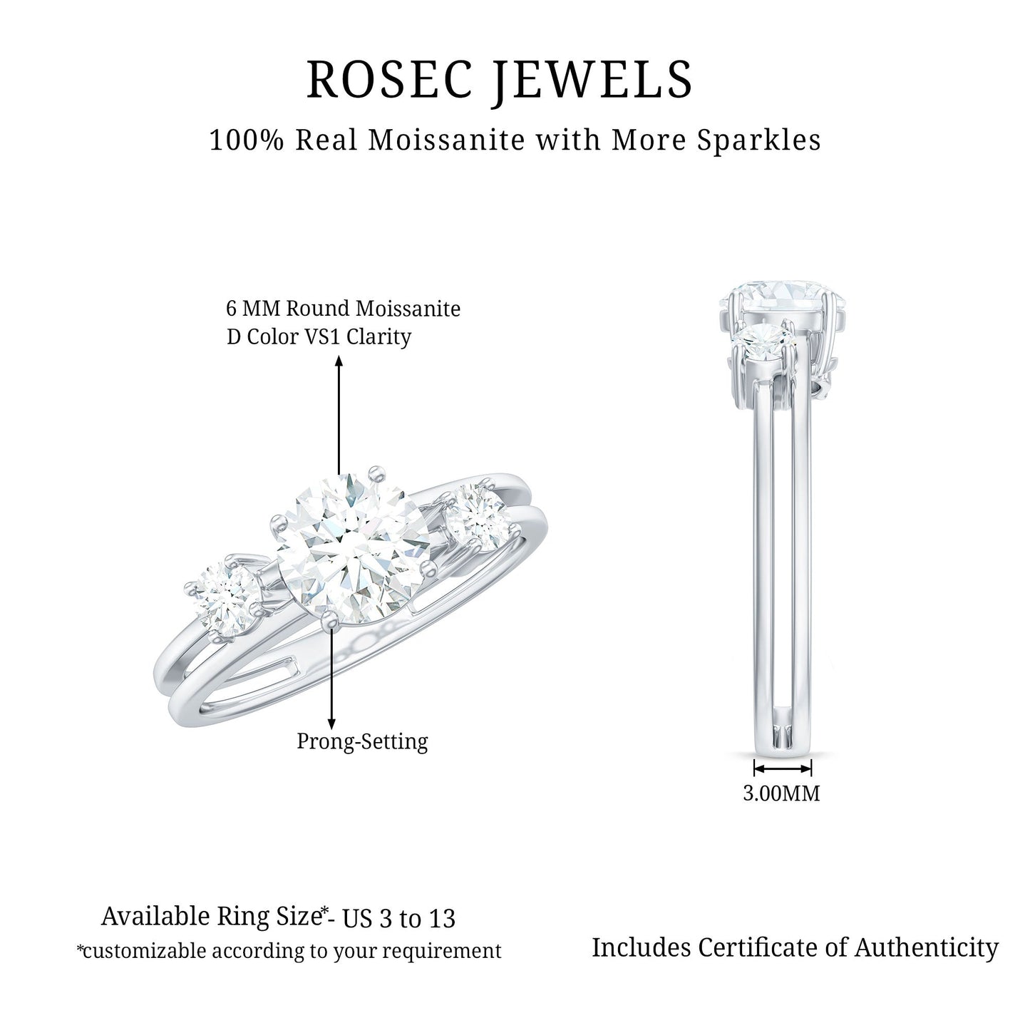 0.9 Carat Brilliant Cut Moissanite 3 Stone Engagement Ring with Double Band