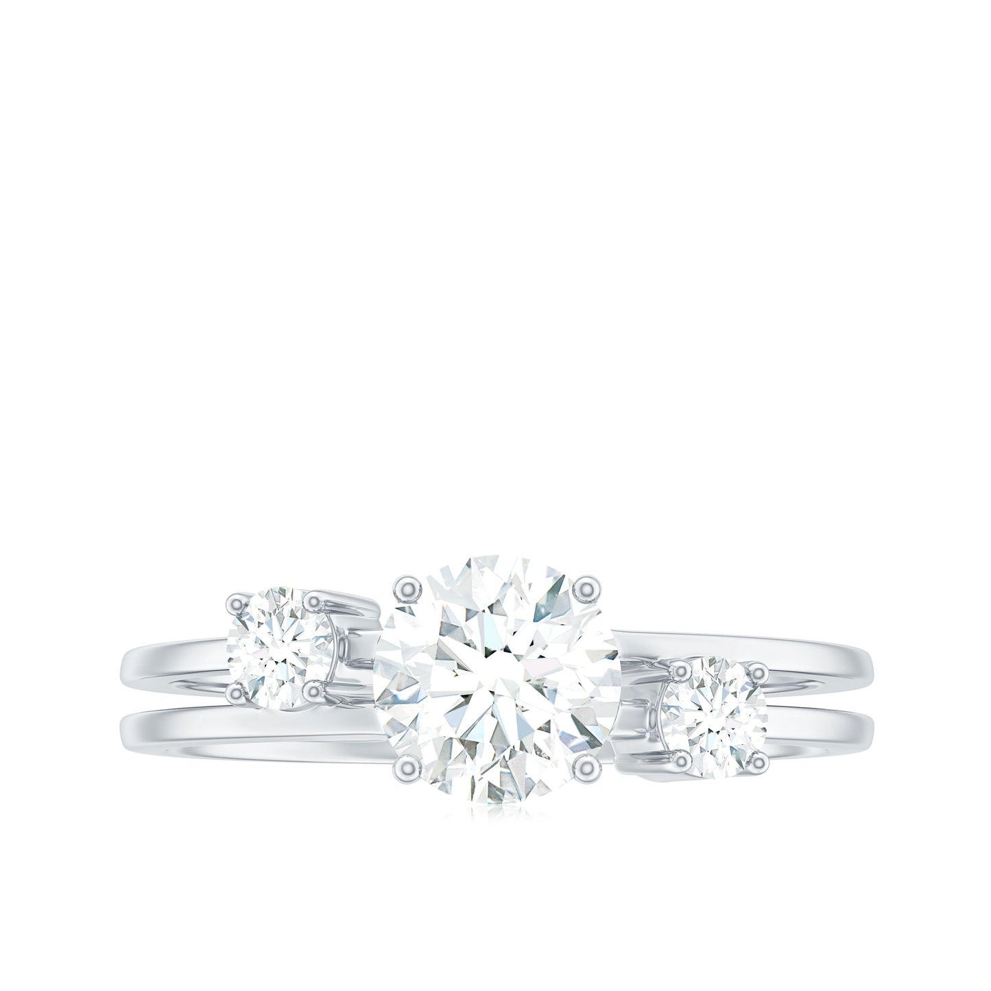 0.9 Carat Brilliant Cut Moissanite 3 Stone Engagement Ring with Double Band
