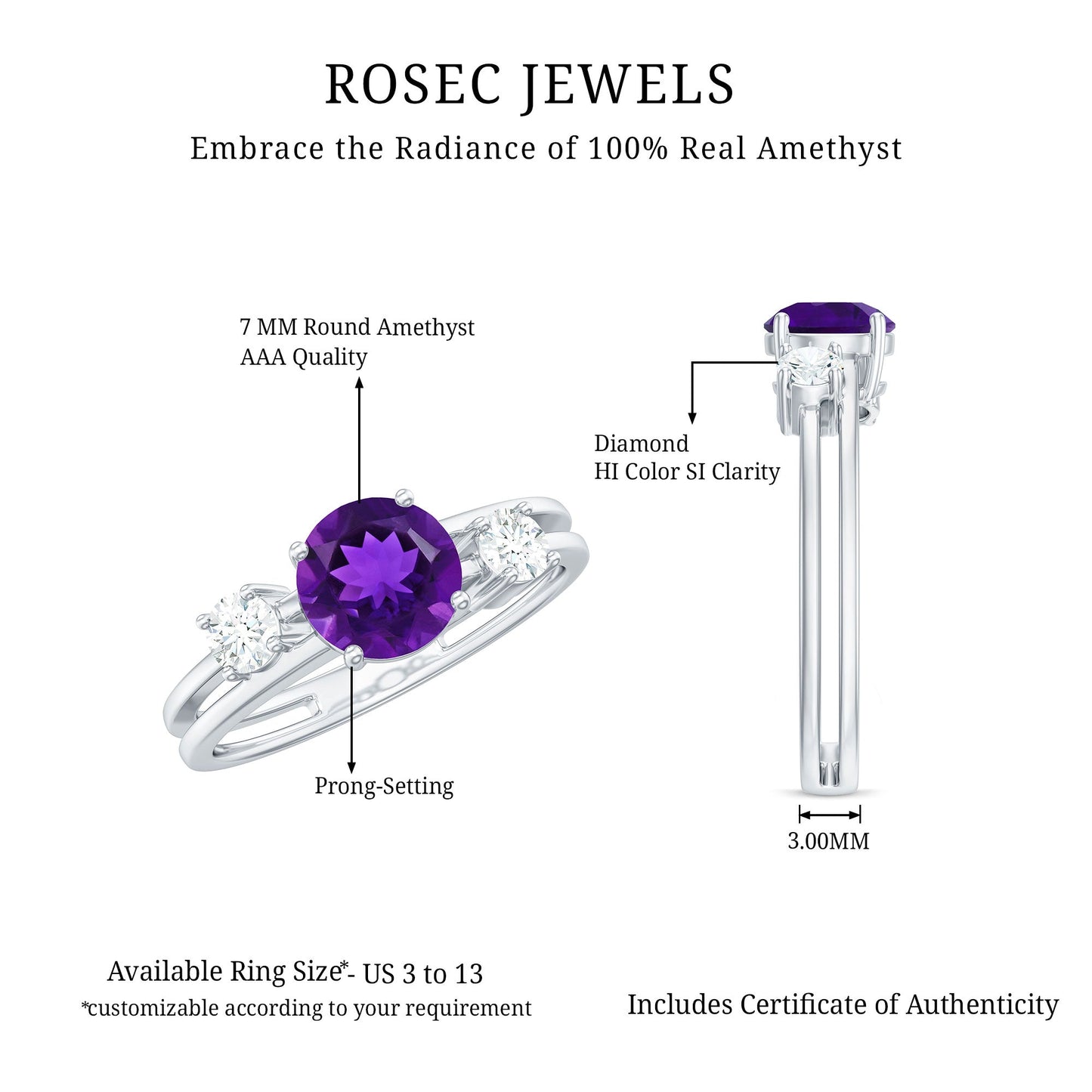 Natural 1.2 Carat Amethyst Double Band Engagement Ring with Diamond