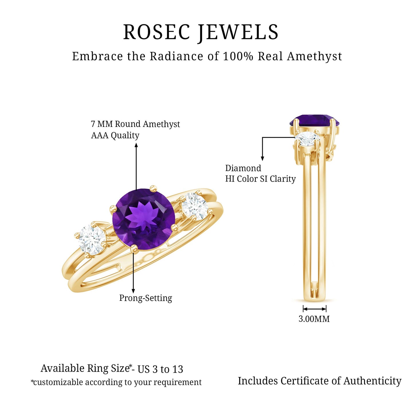 Natural 1.2 Carat Amethyst Double Band Engagement Ring with Diamond