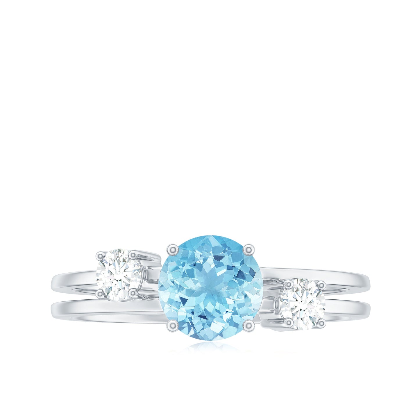 0.8 Carat Aquamarine and Diamond 3 Stone Engagement Ring with Double Band Shank