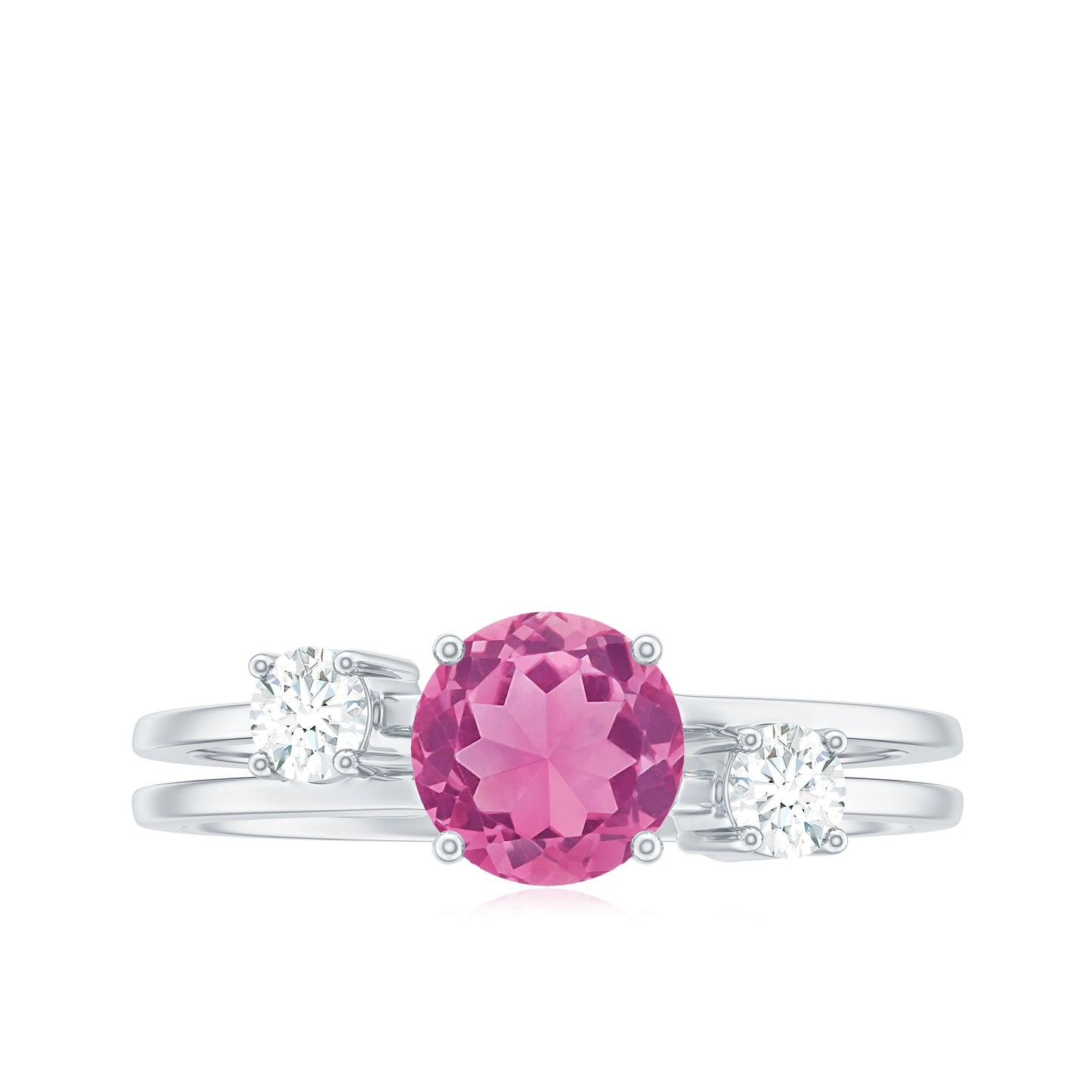 1.2 Carat Genuine Pink Tourmaline Solitaire Double Band Ring with Diamond