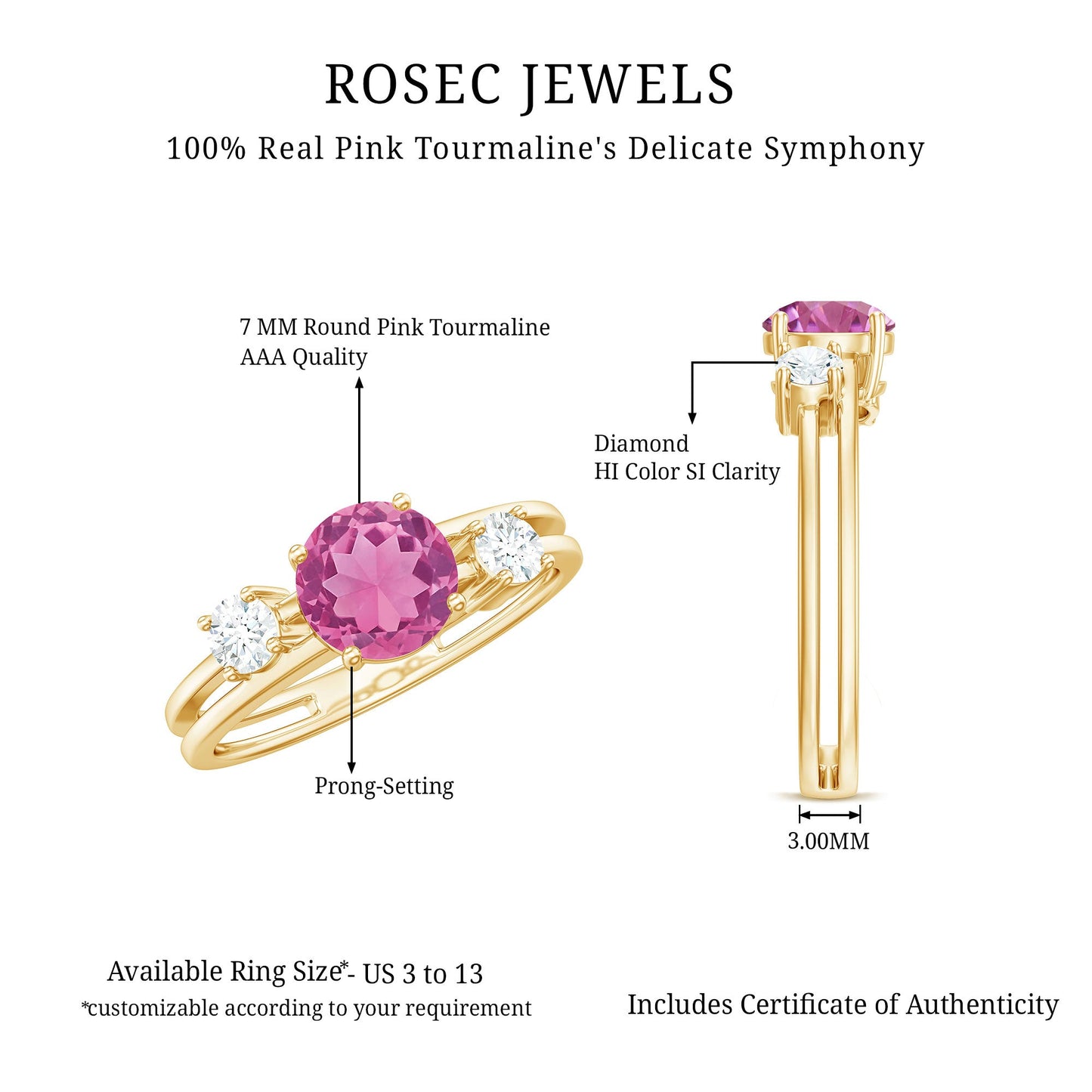 1.2 Carat Genuine Pink Tourmaline Solitaire Double Band Ring with Diamond