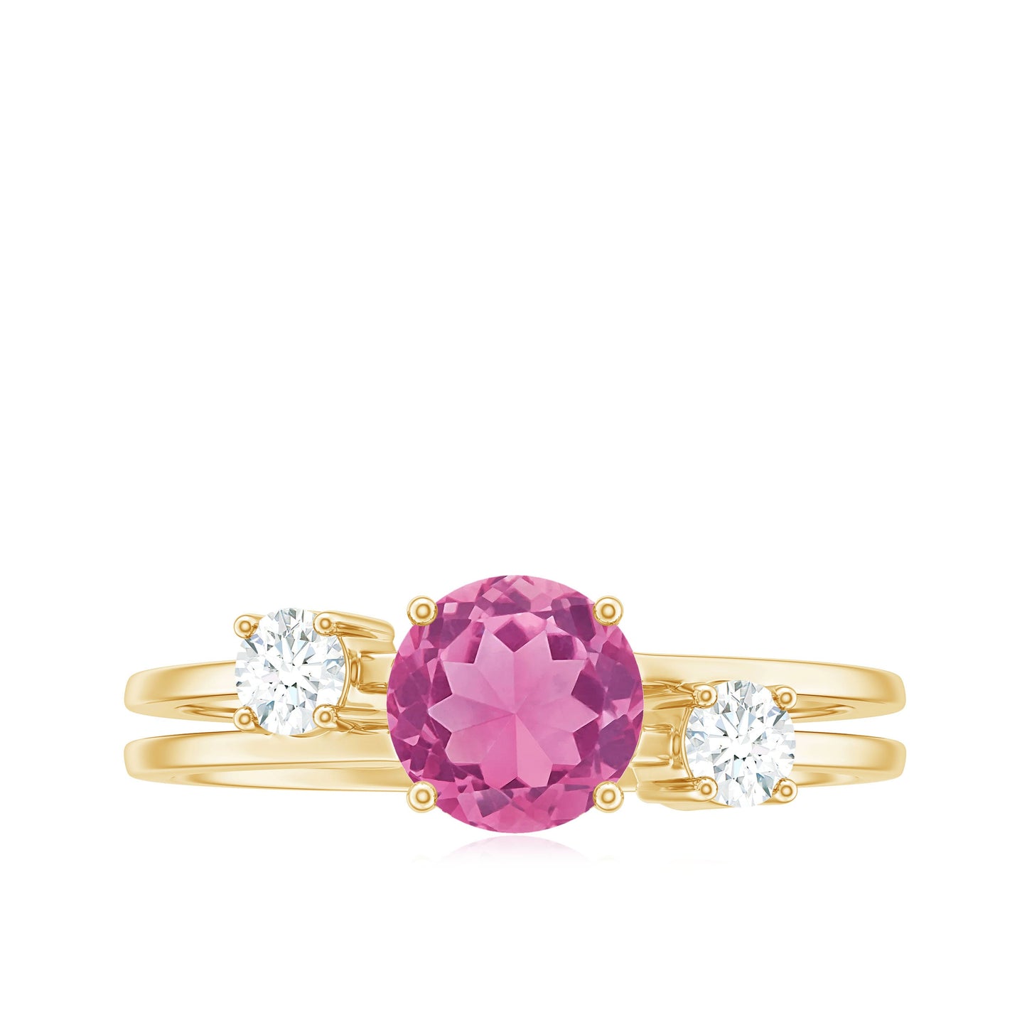 1.2 Carat Genuine Pink Tourmaline Solitaire Double Band Ring with Diamond