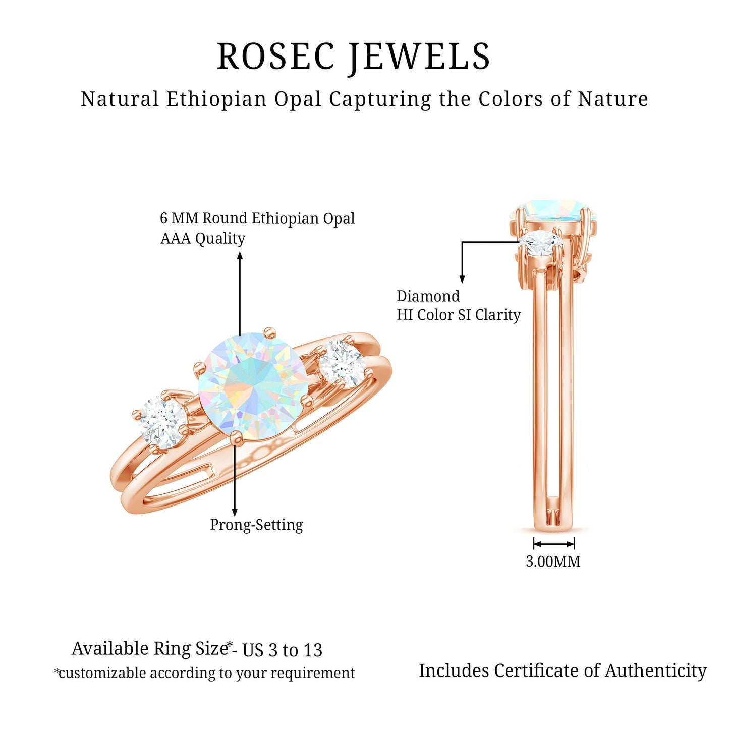 Natural Ethiopian Rainbow Opal Diamond Three Stone Engagement Ring