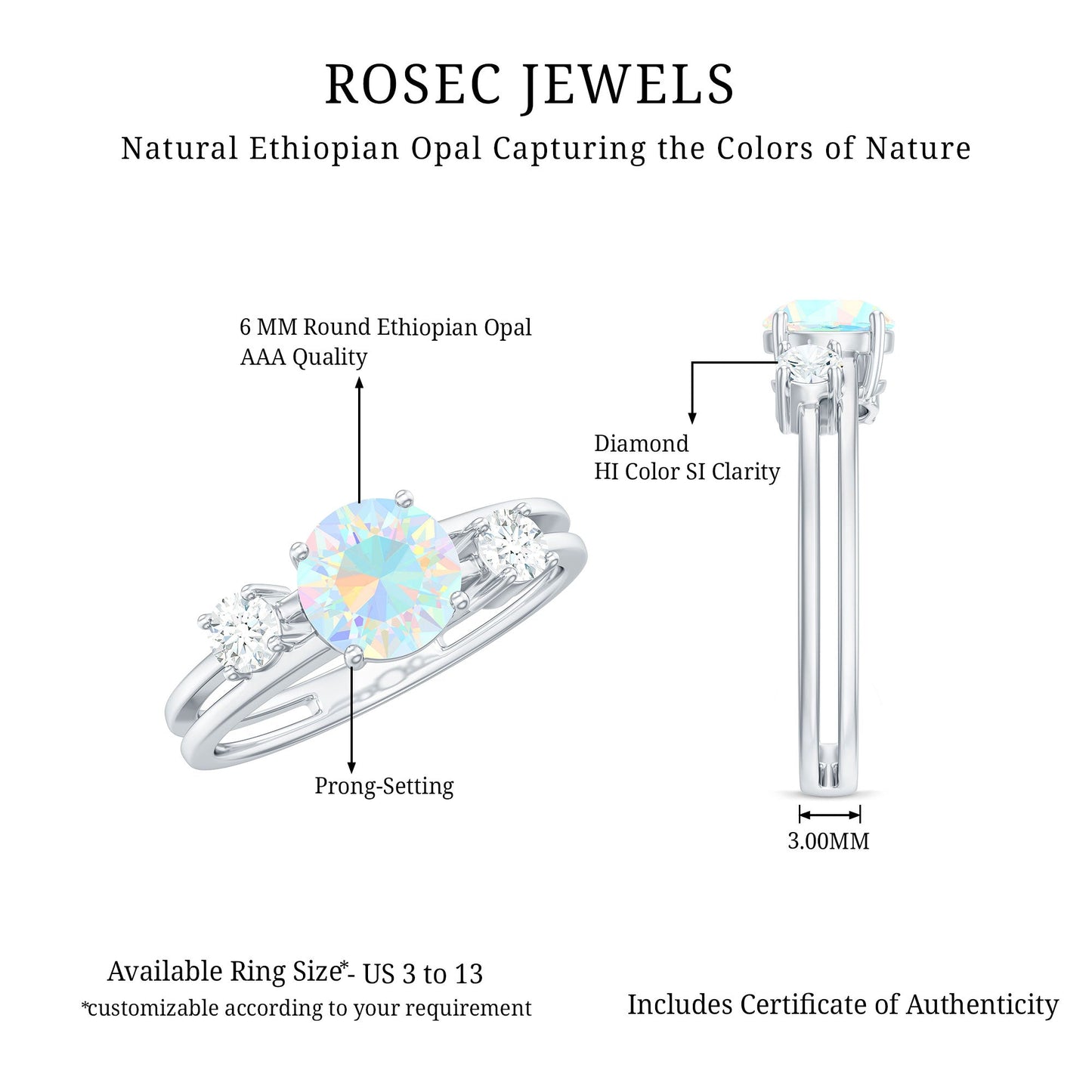 Natural Ethiopian Rainbow Opal Diamond Three Stone Engagement Ring