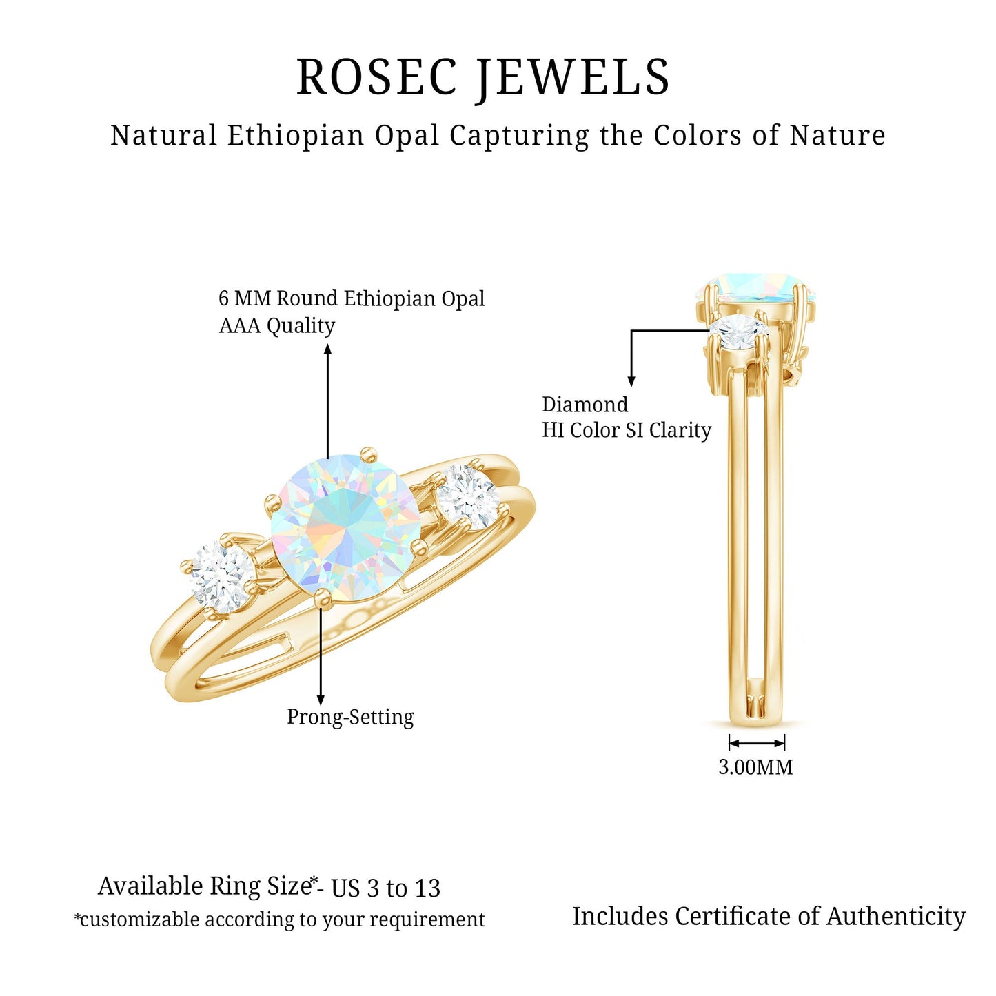 Natural Ethiopian Rainbow Opal Diamond Three Stone Engagement Ring