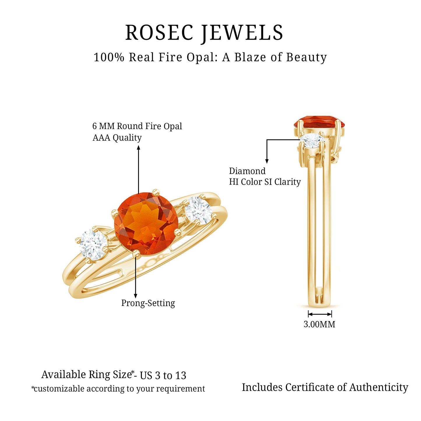 Double Band Engagement Ring with Fire Opal and Diamond