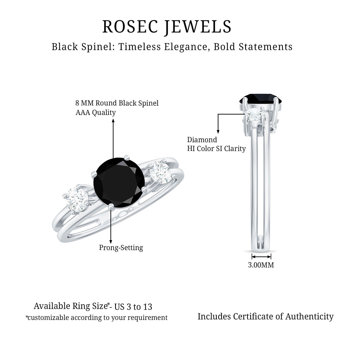 Natural Black Spinel Diamond Double Band Engagement Ring