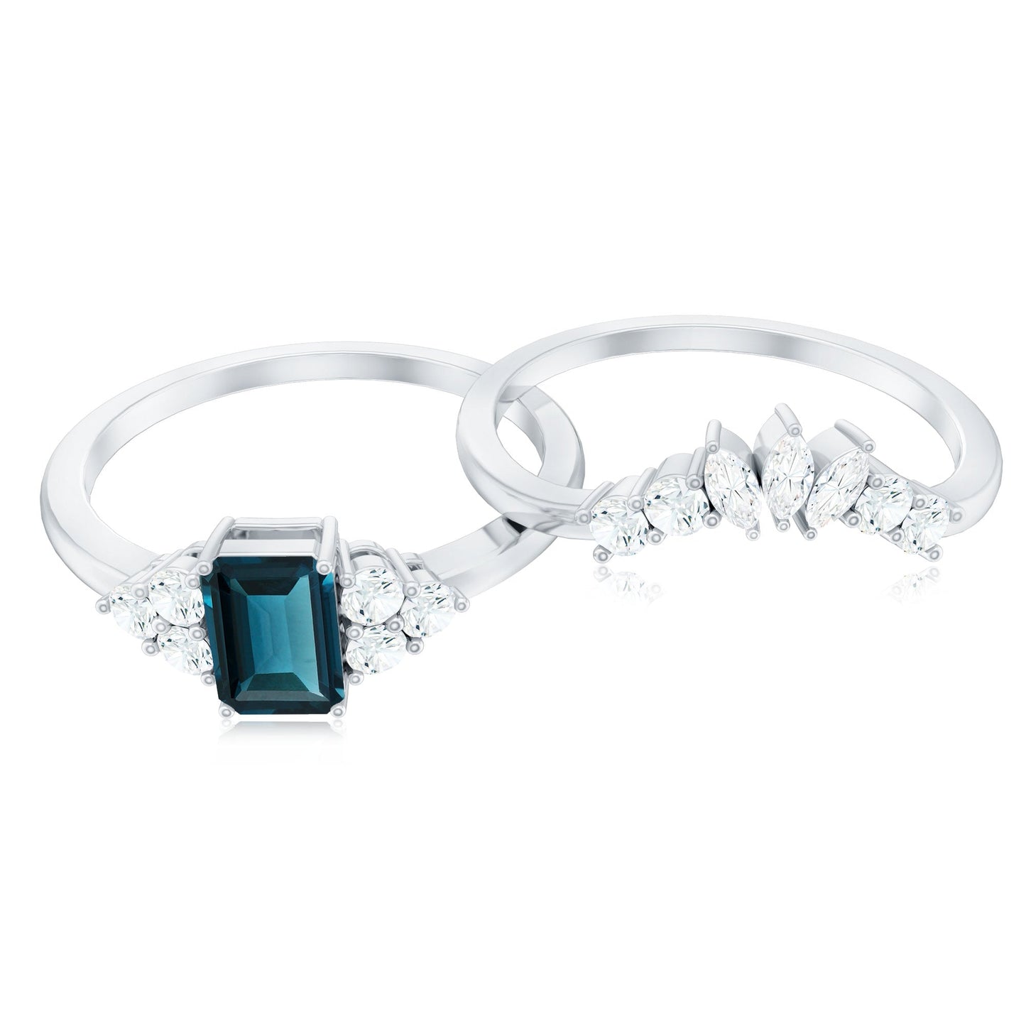 0.7 Carat Emerald Cut London Blue Topaz Designer Bridal Ring Set with Diamond