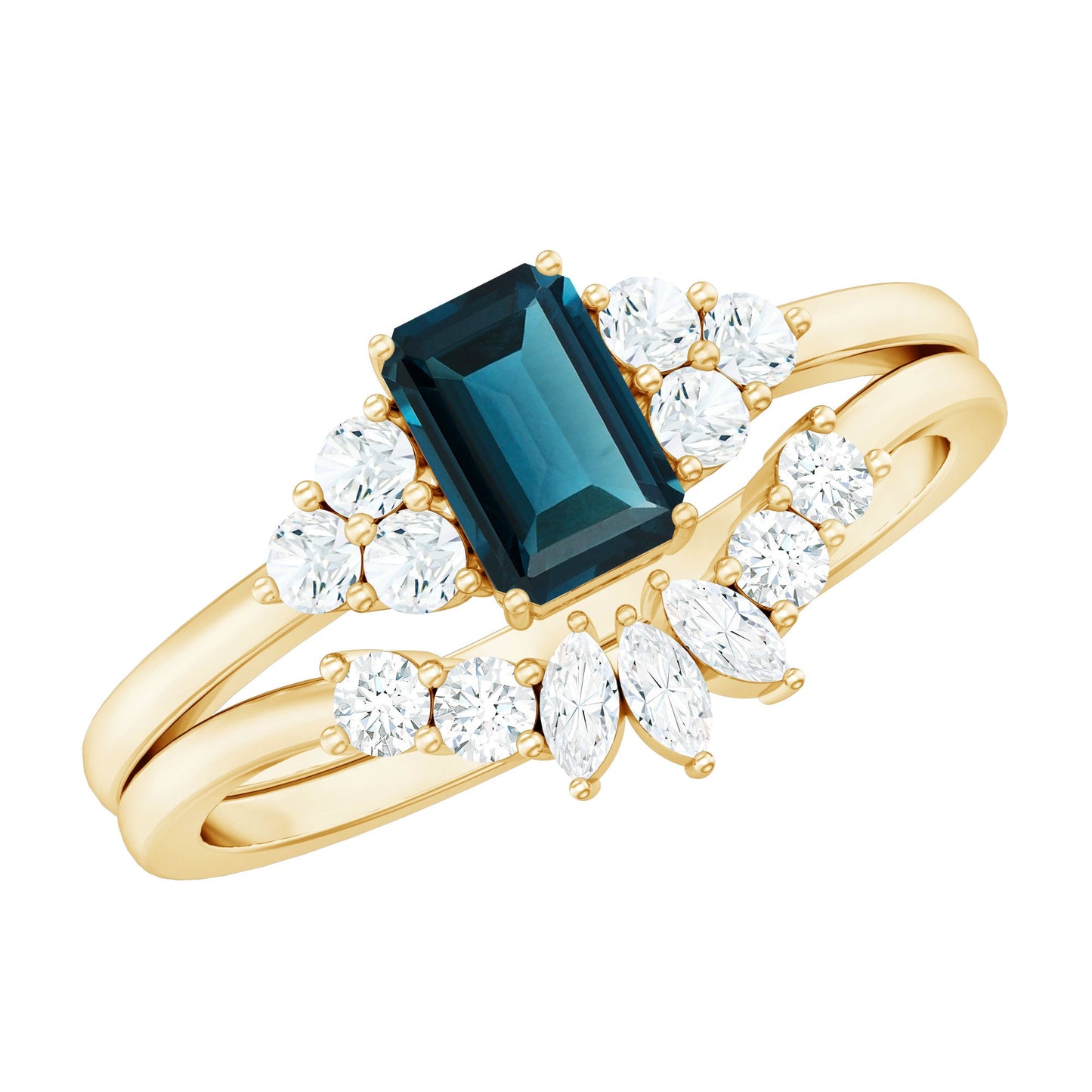 0.7 Carat Emerald Cut London Blue Topaz Designer Bridal Ring Set with Diamond
