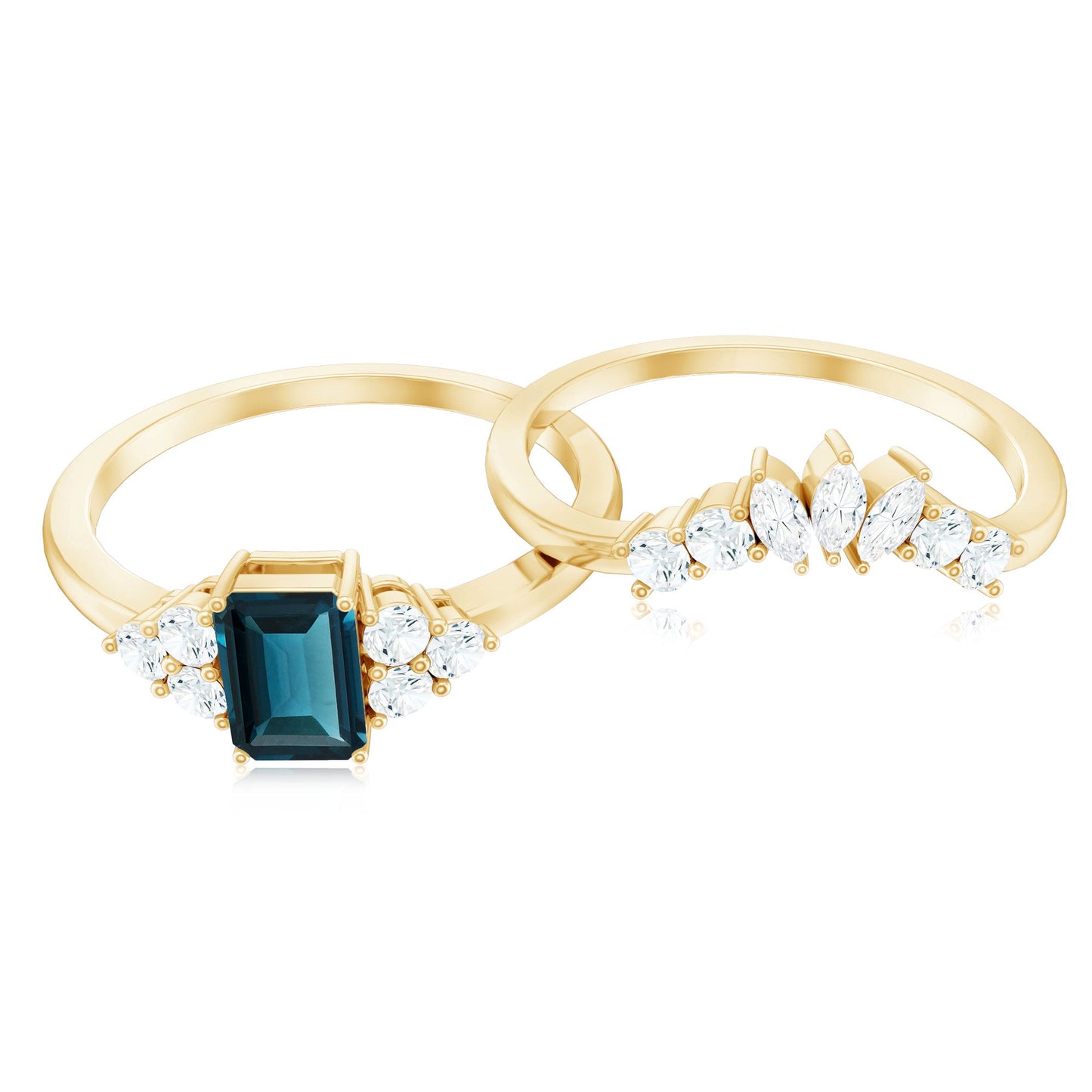 0.7 Carat Emerald Cut London Blue Topaz Designer Bridal Ring Set with Diamond