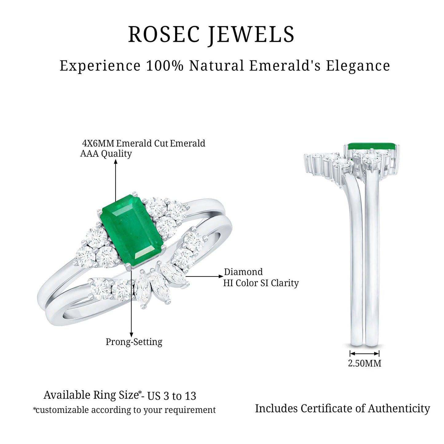 Certified Real Emerald Diamond Emerald Cut Engagement Ring and Wedding Band