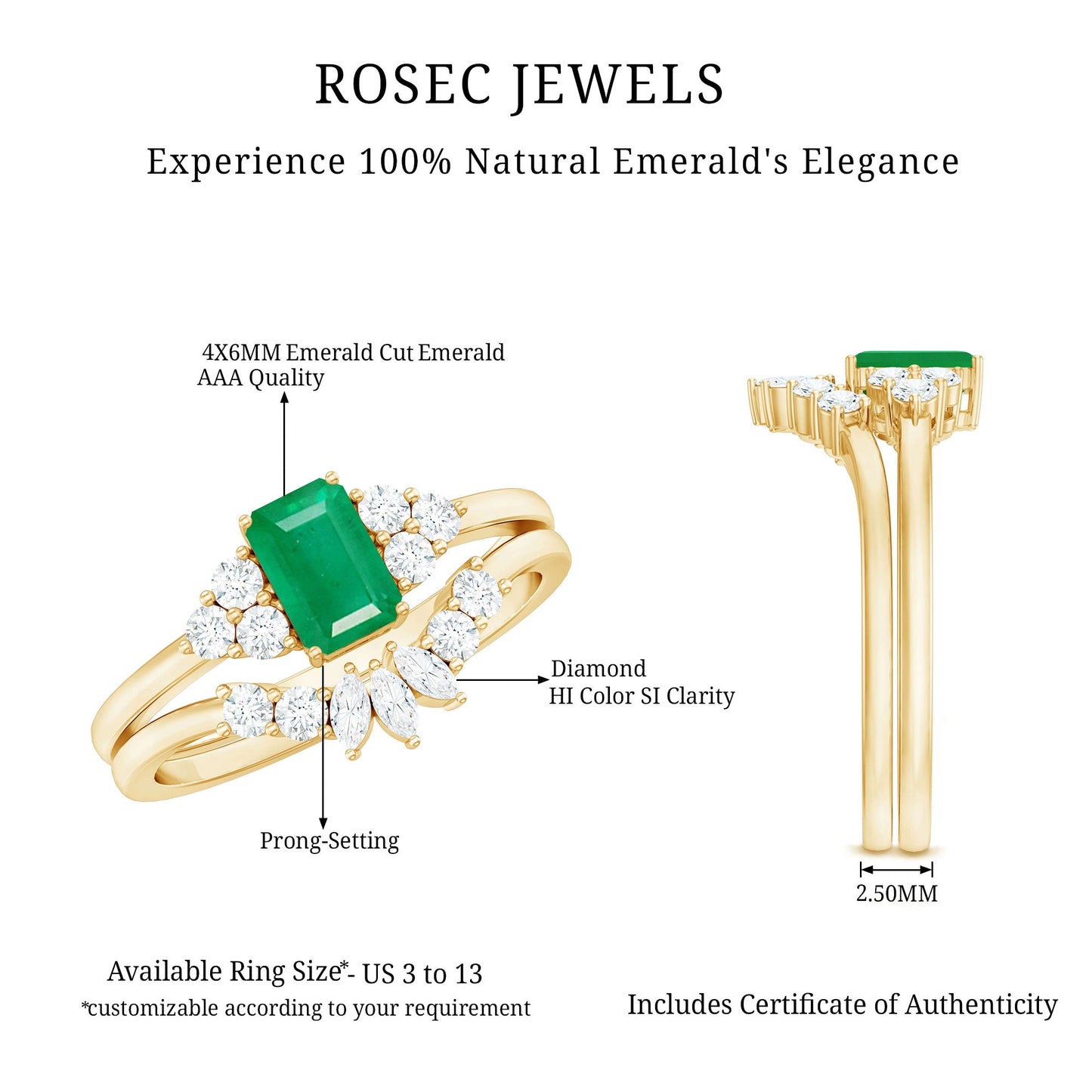 Certified Real Emerald Diamond Emerald Cut Engagement Ring and Wedding Band