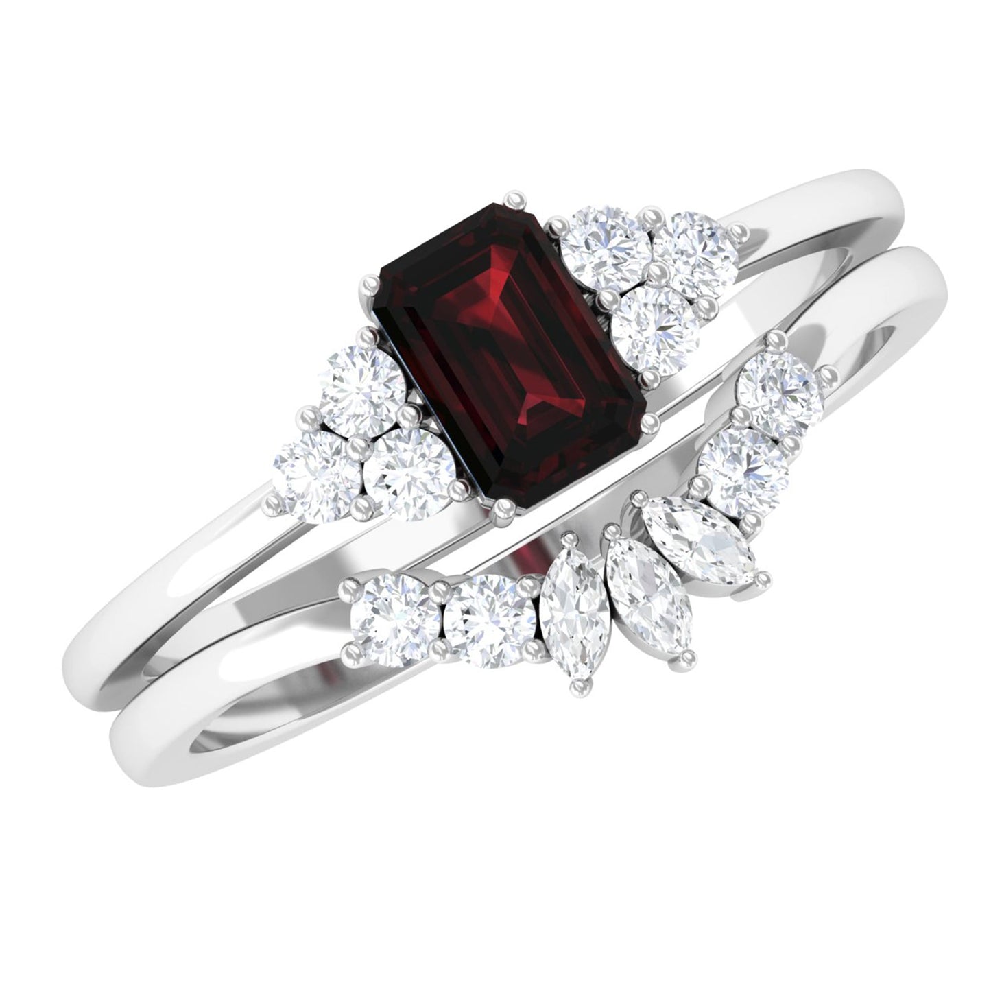 Genuine 0.7 Carat Garnet Diamond Emerald Cut Engagement Wedding Ring Set of 2
