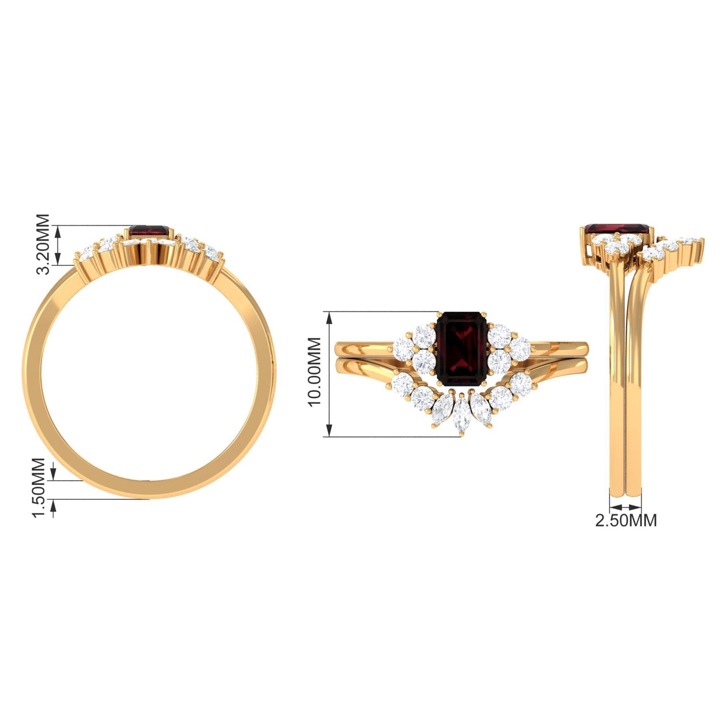 Genuine 0.7 Carat Garnet Diamond Emerald Cut Engagement Wedding Ring Set of 2
