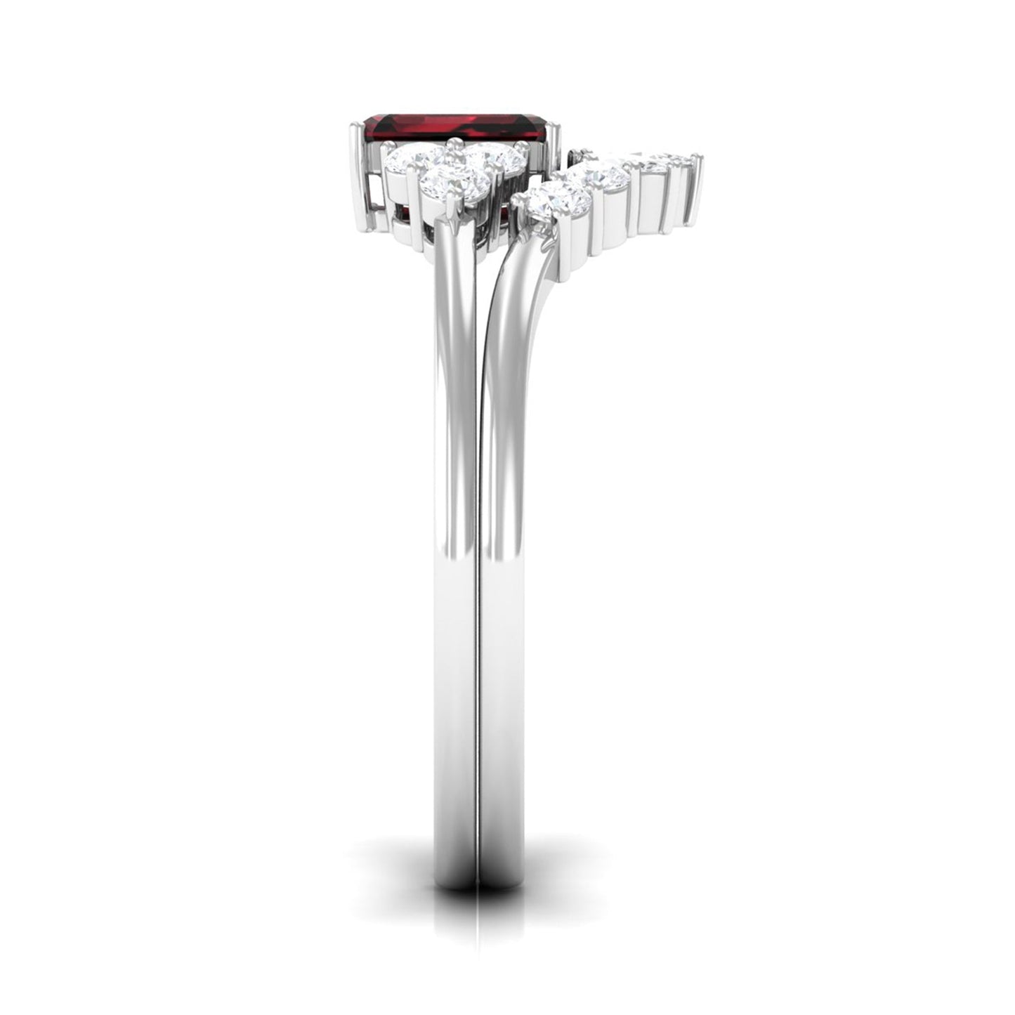 Genuine 0.7 Carat Garnet Diamond Emerald Cut Engagement Wedding Ring Set of 2