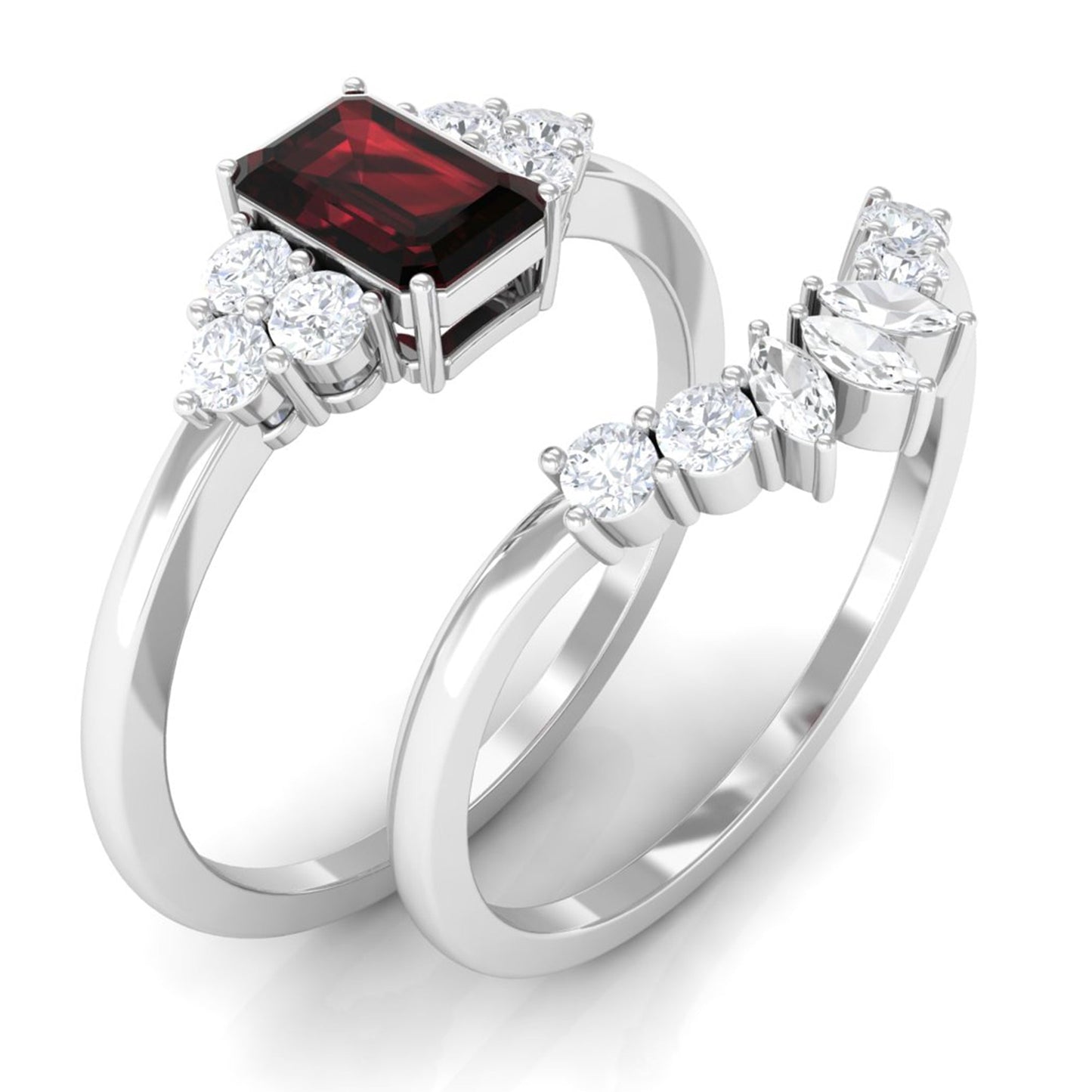 Genuine 0.7 Carat Garnet Diamond Emerald Cut Engagement Wedding Ring Set of 2