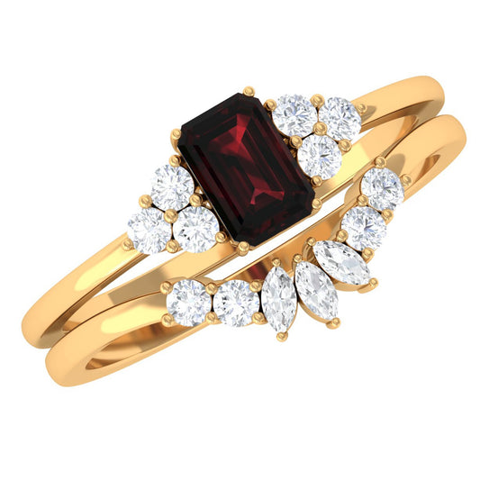 Genuine 0.7 Carat Garnet Diamond Emerald Cut Engagement Wedding Ring Set of 2