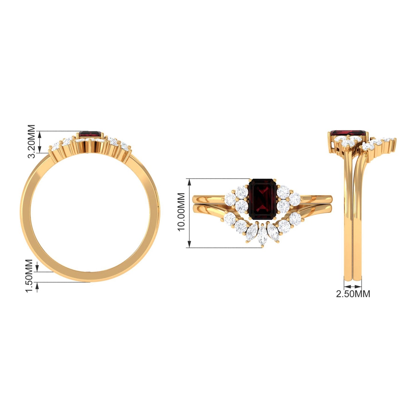 Genuine 0.7 Carat Garnet Diamond Emerald Cut Engagement Wedding Ring Set of 2