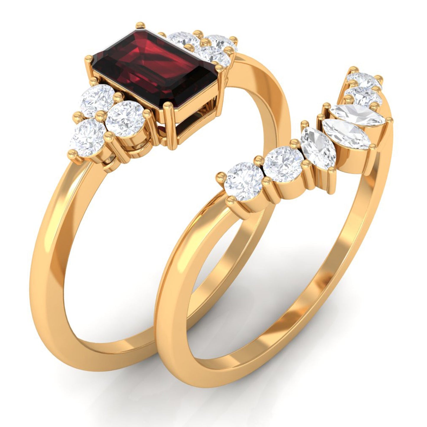 Genuine 0.7 Carat Garnet Diamond Emerald Cut Engagement Wedding Ring Set of 2