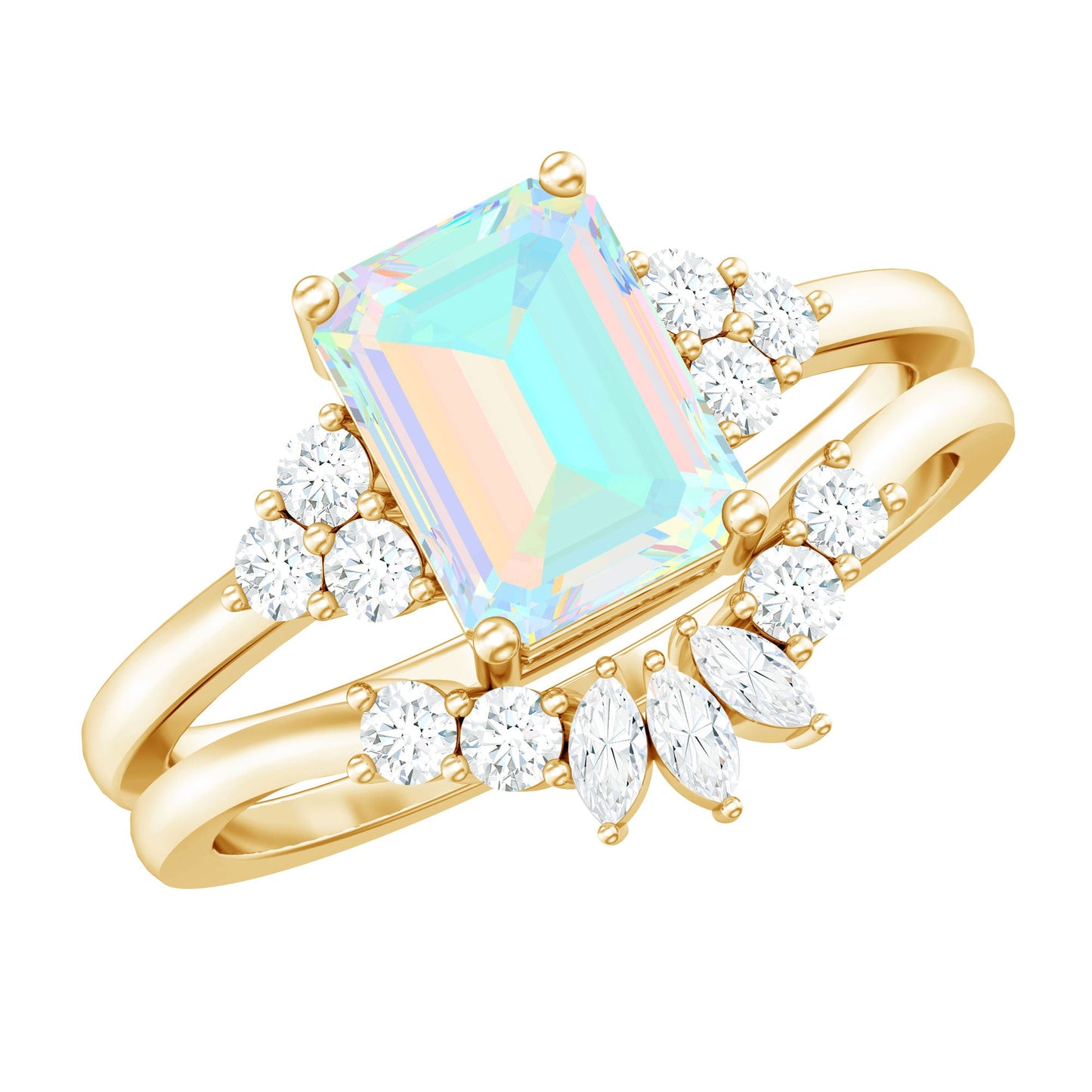 Certified Real Ethiopian Opal Diamond Emerald Cut Engagement Ring with Enhancer