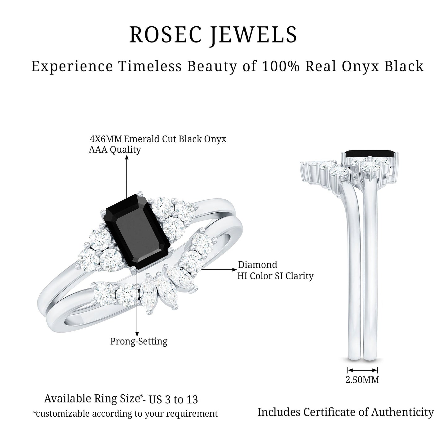 Emerald Cut Black Onyx Engagement Ring with Diamond Wedding Band