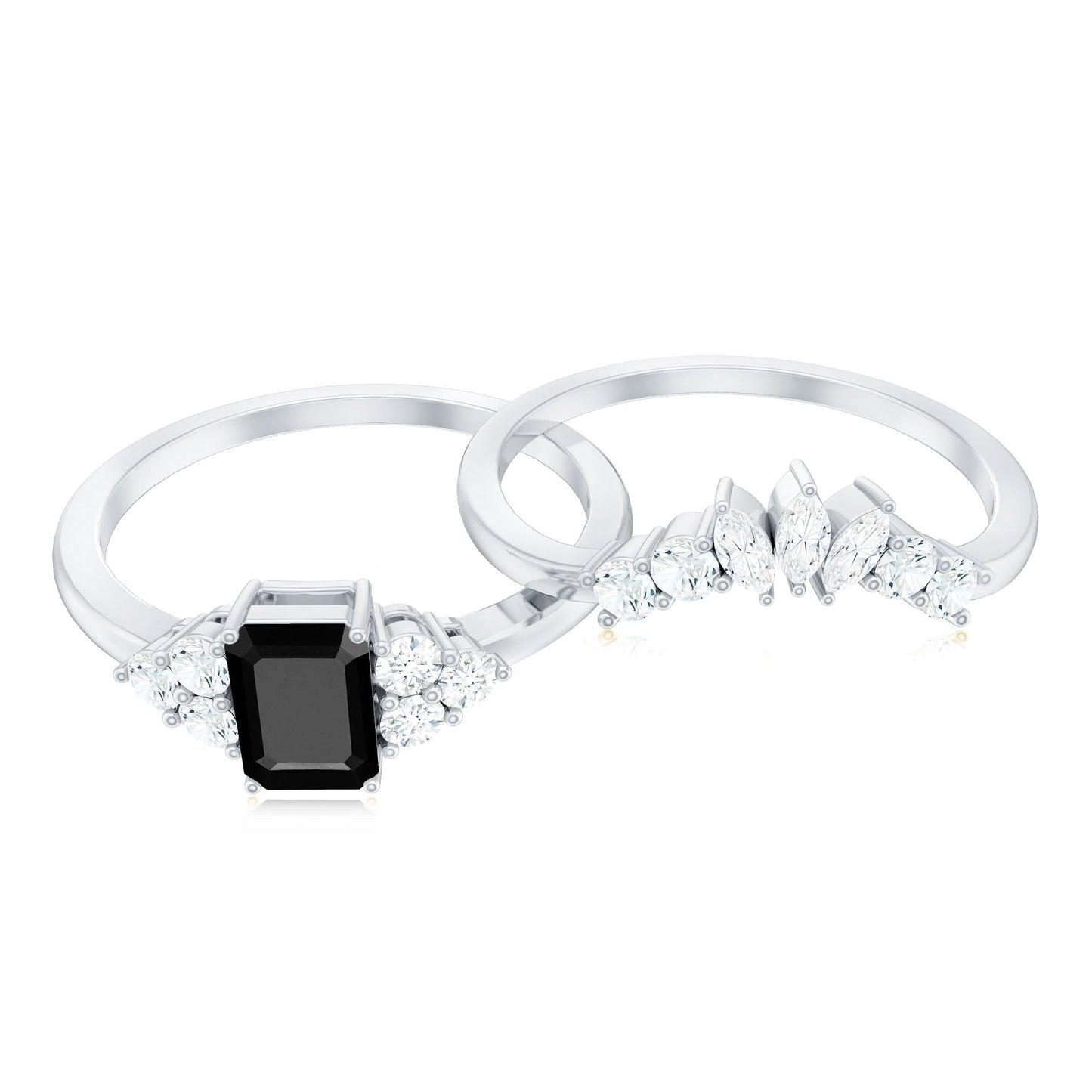 Emerald Cut Black Onyx Engagement Ring with Diamond Wedding Band