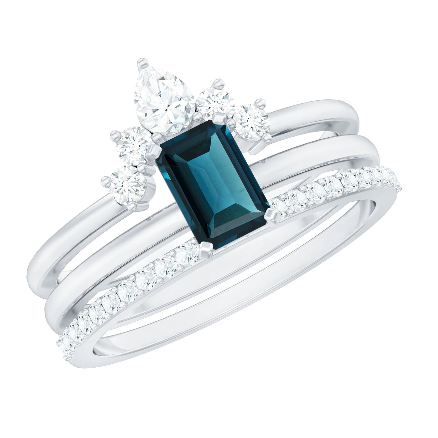 0.7 Carat Emerald Cut London Blue Topaz Solitaire Trio Ring Set with Diamond