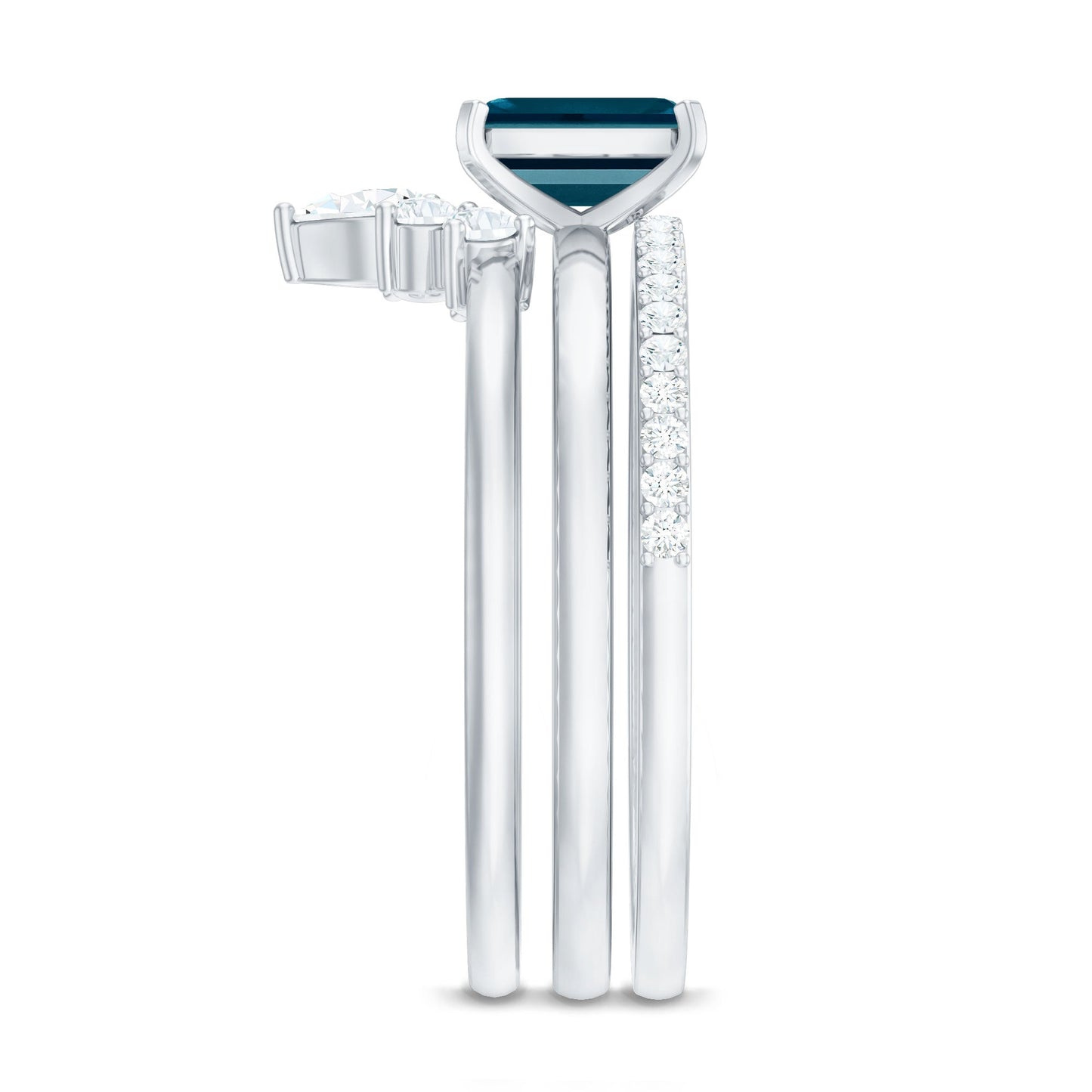 0.7 Carat Emerald Cut London Blue Topaz Solitaire Trio Ring Set with Diamond