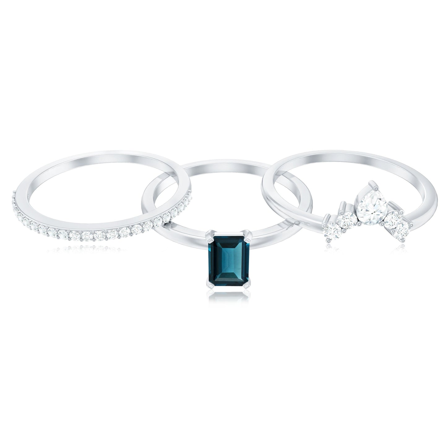 0.7 Carat Emerald Cut London Blue Topaz Solitaire Trio Ring Set with Diamond