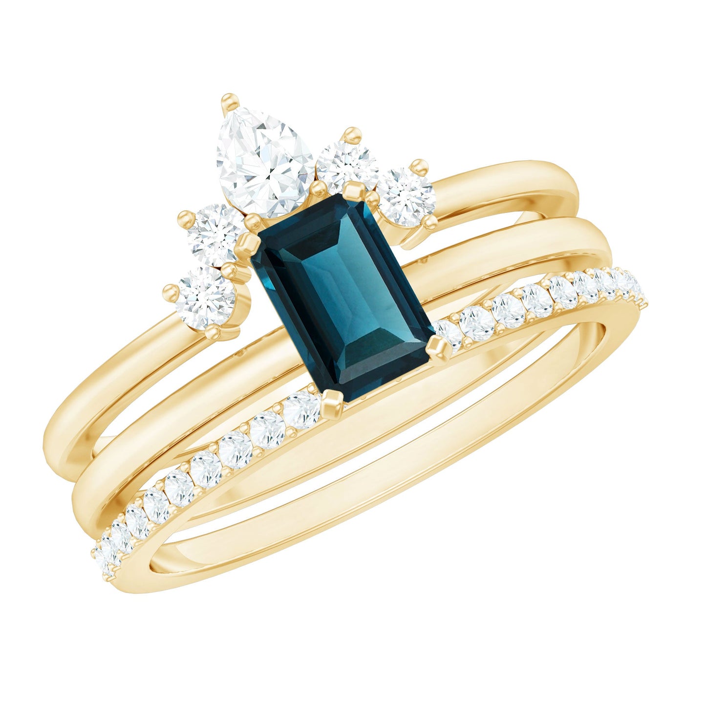 0.7 Carat Emerald Cut London Blue Topaz Solitaire Trio Ring Set with Diamond