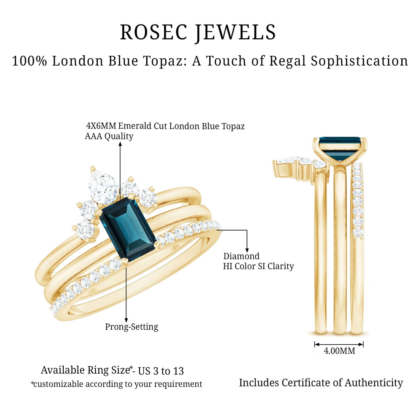 0.7 Carat Emerald Cut London Blue Topaz Solitaire Trio Ring Set with Diamond