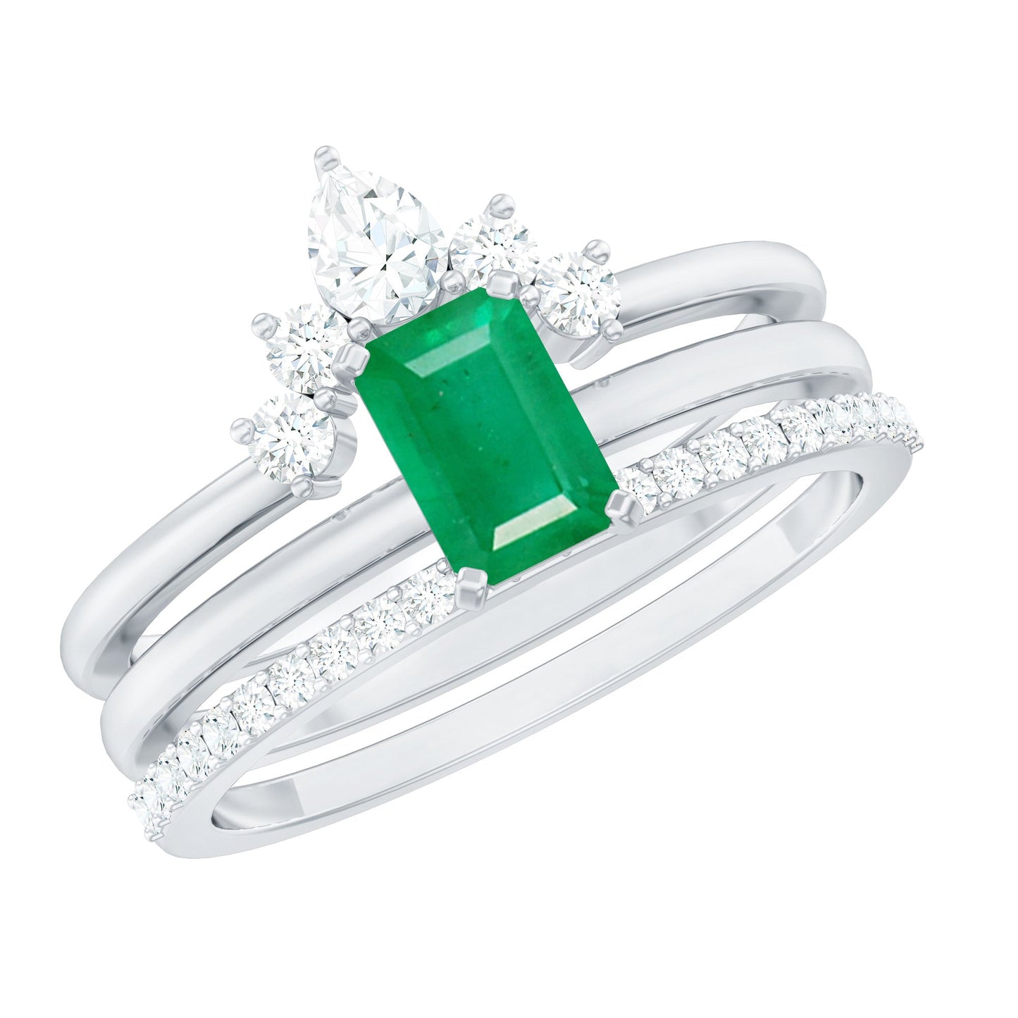0.6 Carat Natural Emerald Cut Emerald Diamond Bridal Ring Set of 3