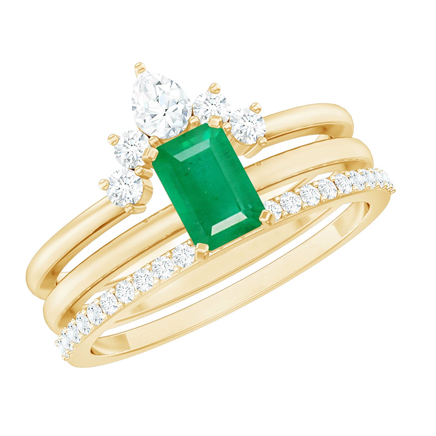 0.6 Carat Natural Emerald Cut Emerald Diamond Bridal Ring Set of 3