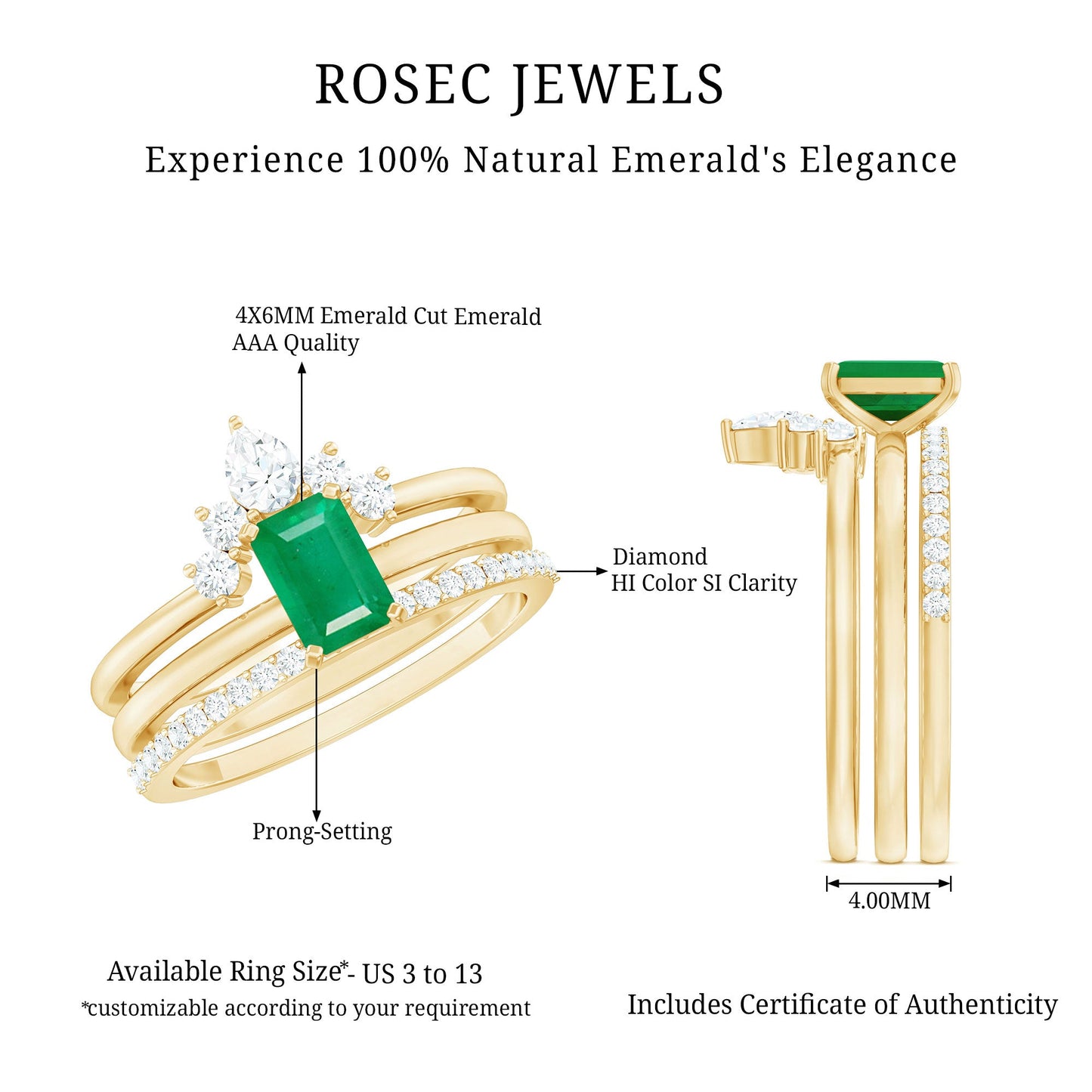 0.6 Carat Natural Emerald Cut Emerald Diamond Bridal Ring Set of 3