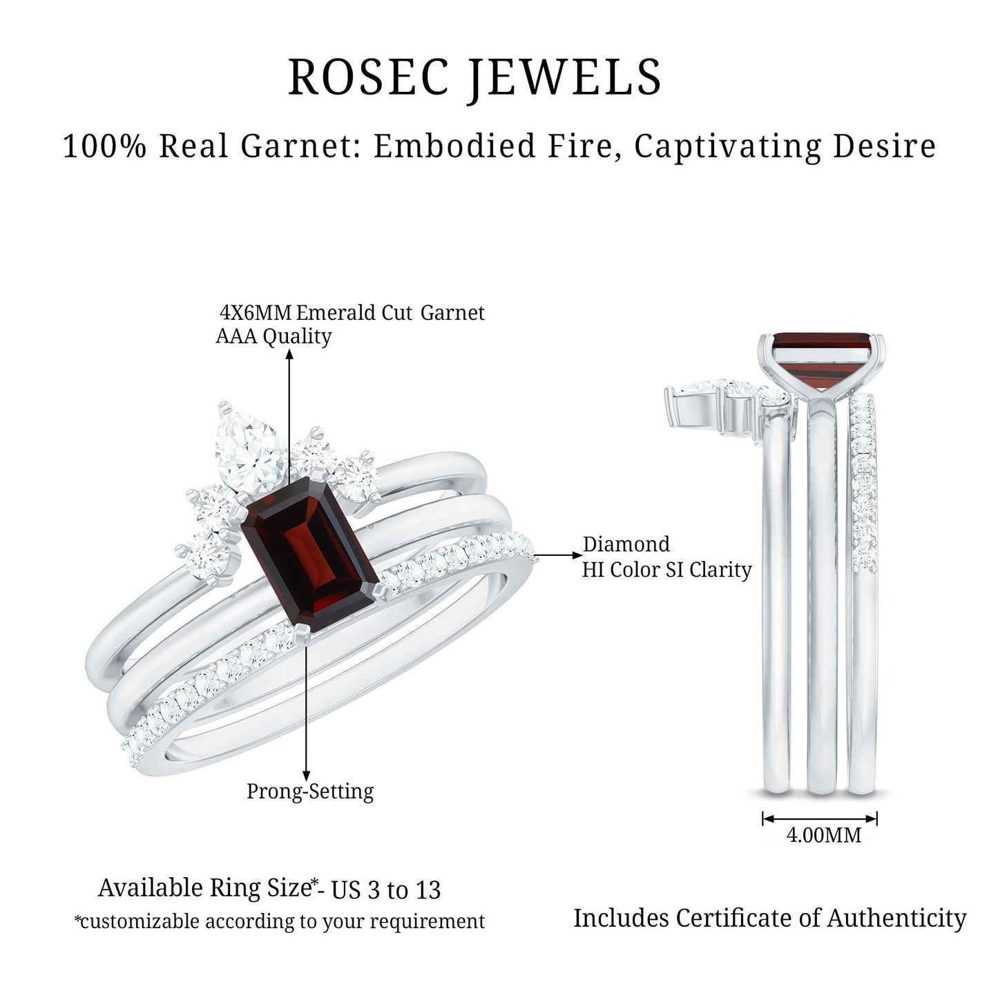 0.7 Carat Natural Emerald Cut Garnet Diamond 3 Piece Wedding Ring Set