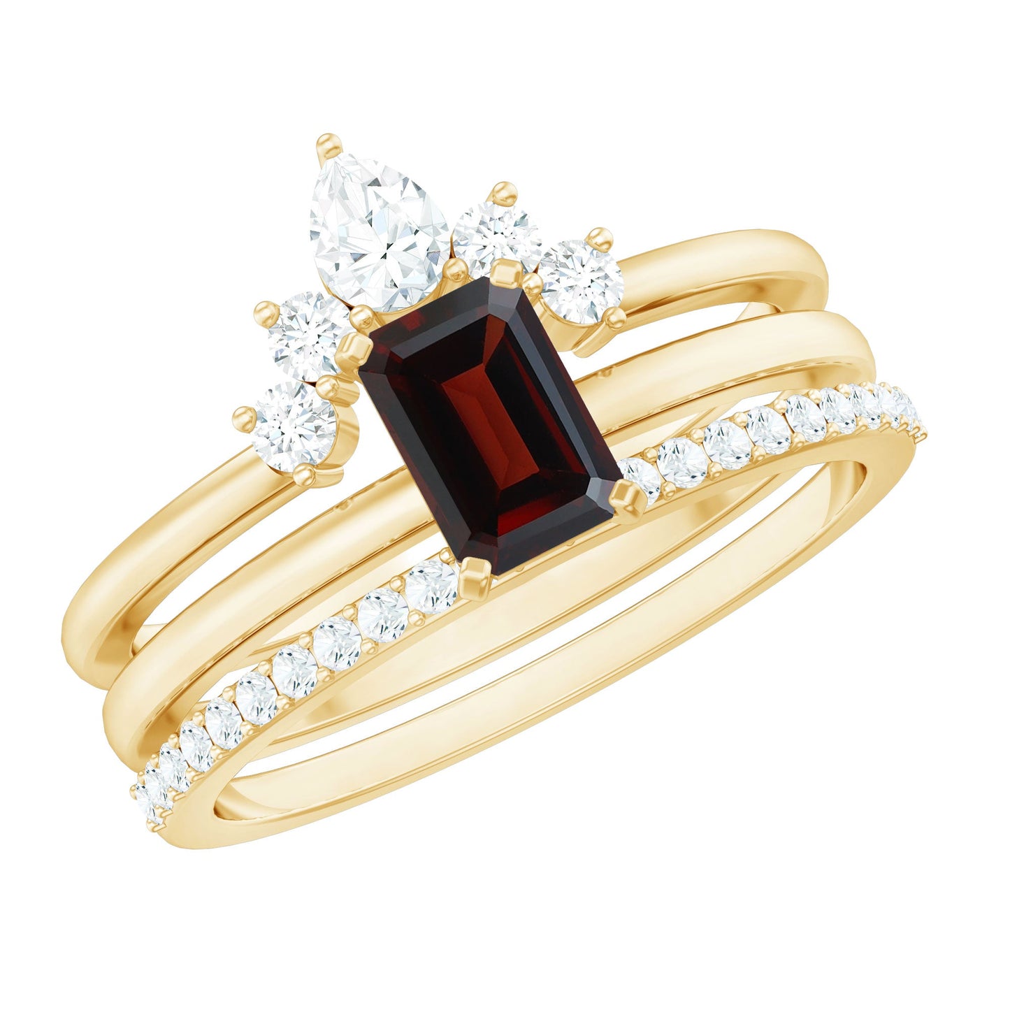 0.7 Carat Natural Emerald Cut Garnet Diamond 3 Piece Wedding Ring Set