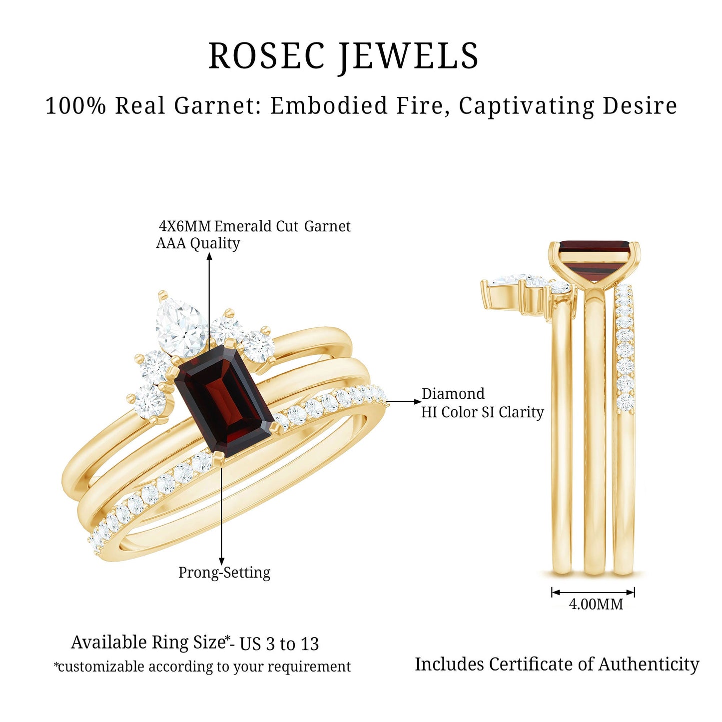 0.7 Carat Natural Emerald Cut Garnet Diamond 3 Piece Wedding Ring Set