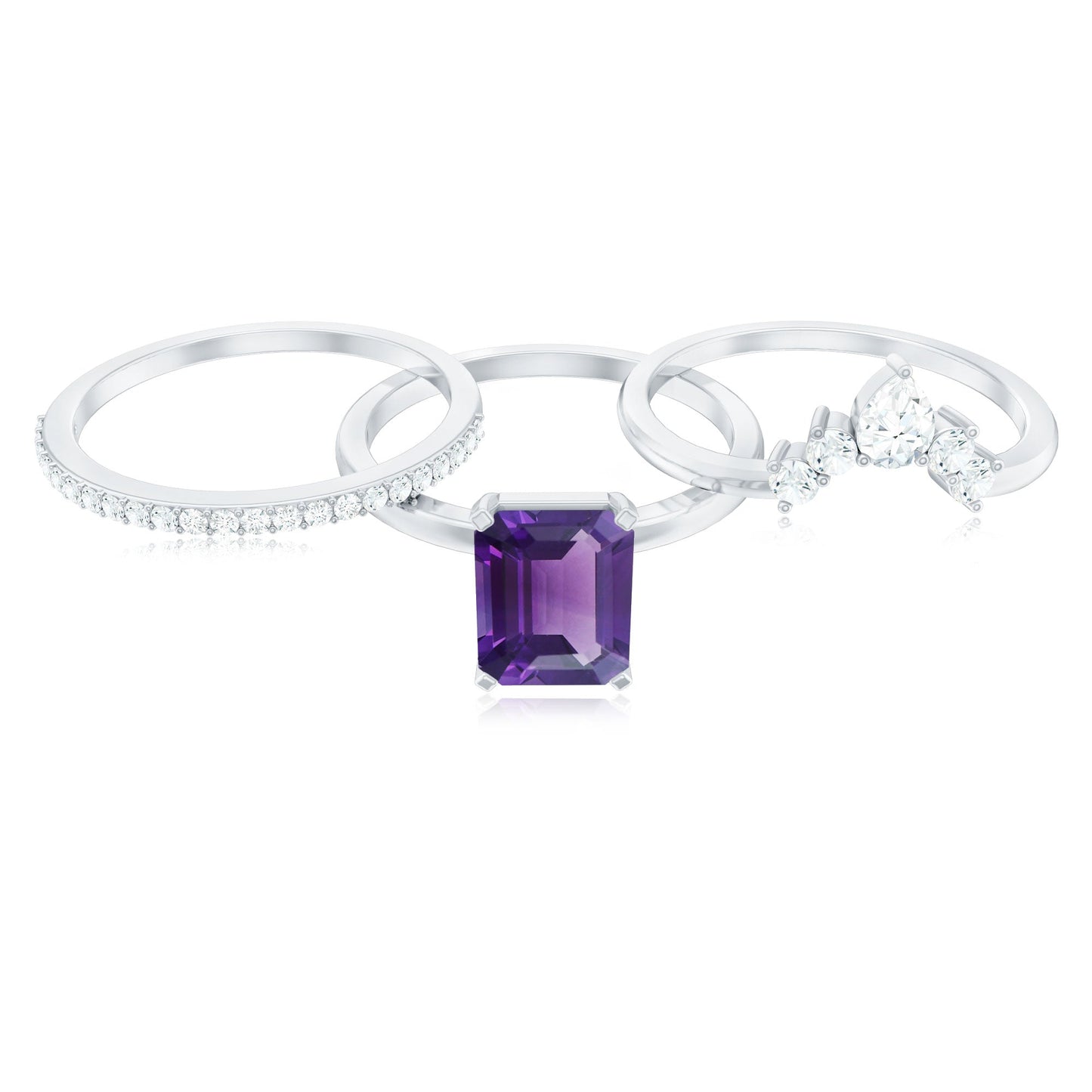 Natural 1.4 Carat Amethyst 3 Piece Bridal Ring Set with Diamond