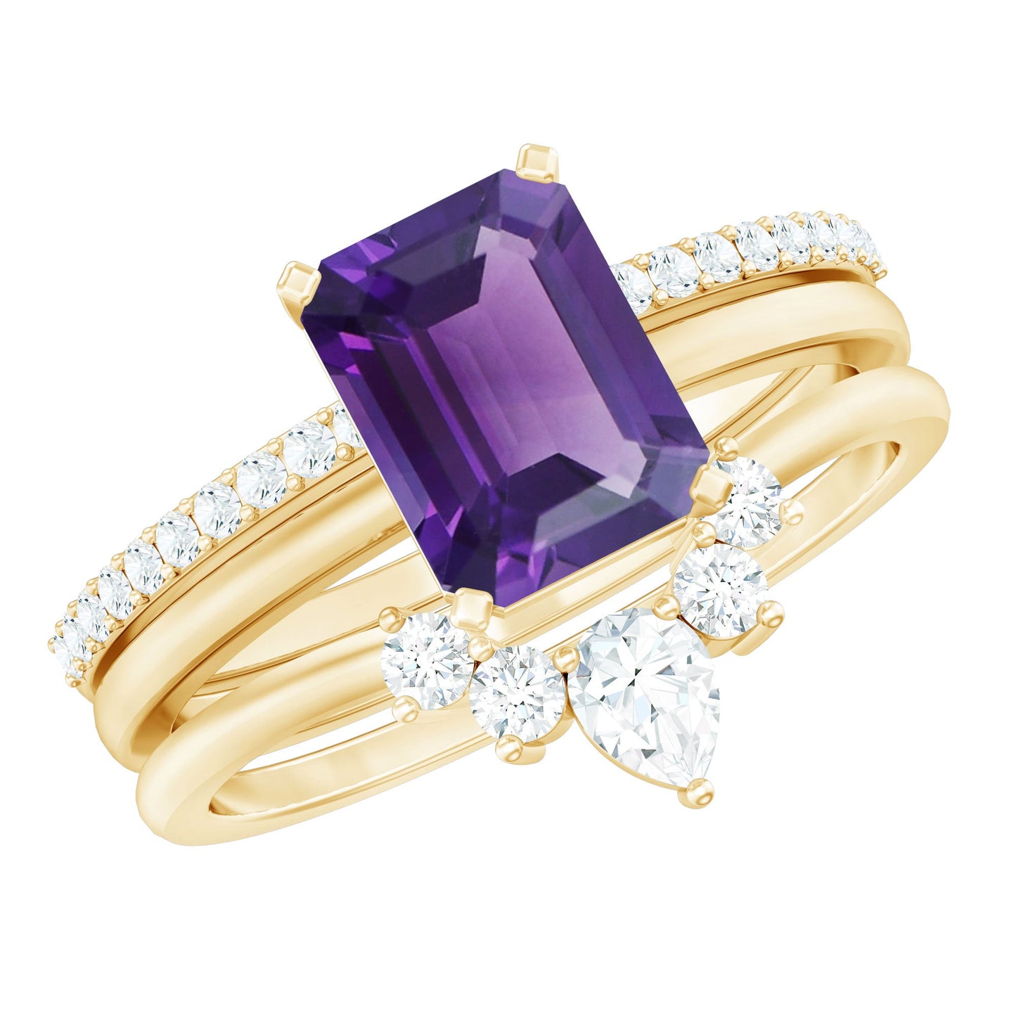 Natural 1.4 Carat Amethyst 3 Piece Bridal Ring Set with Diamond
